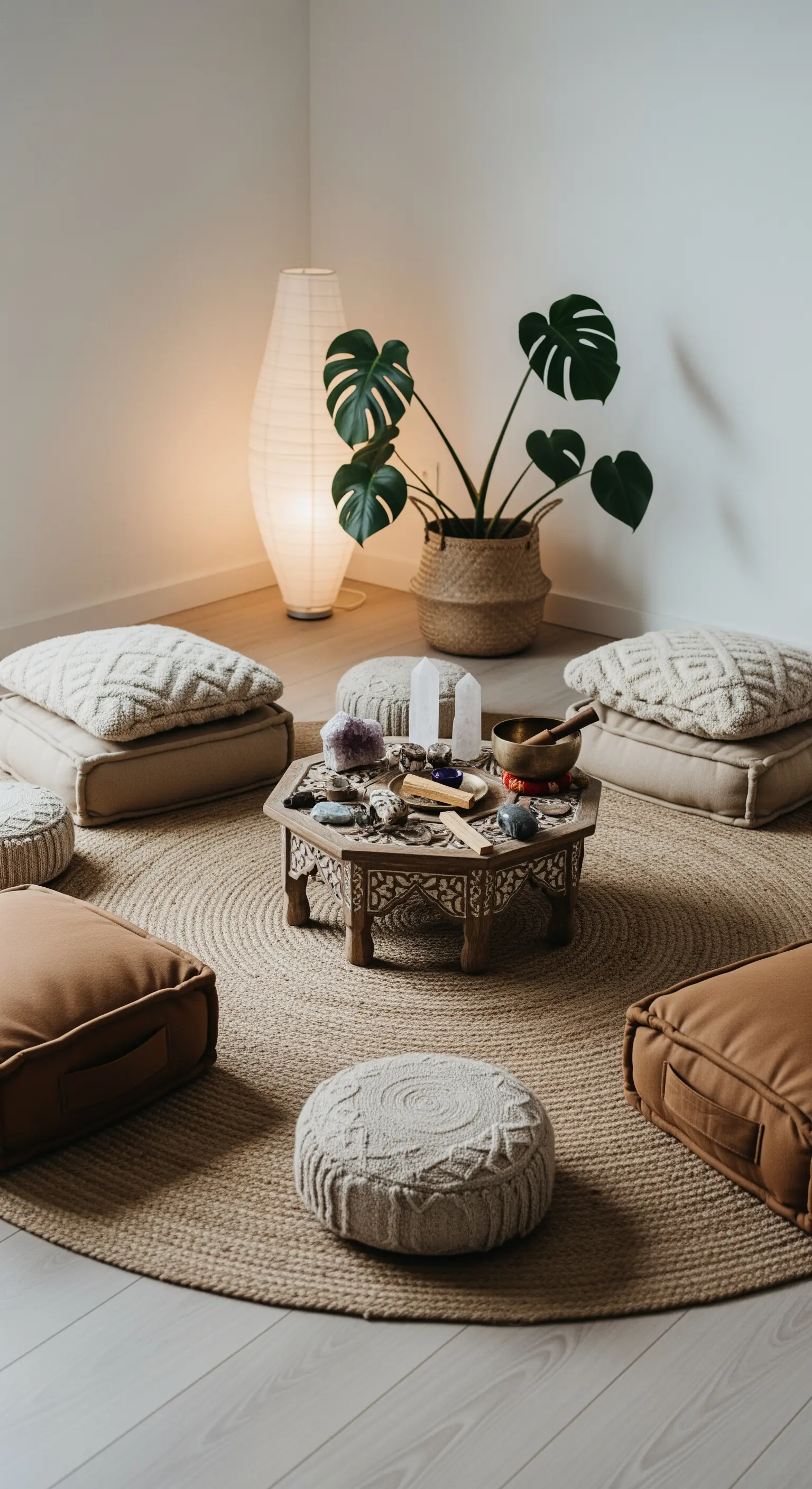 Eine ruhige Ecke mit einem runden Jute-Teppich, Bodenkissen und sanfter Beleuchtung