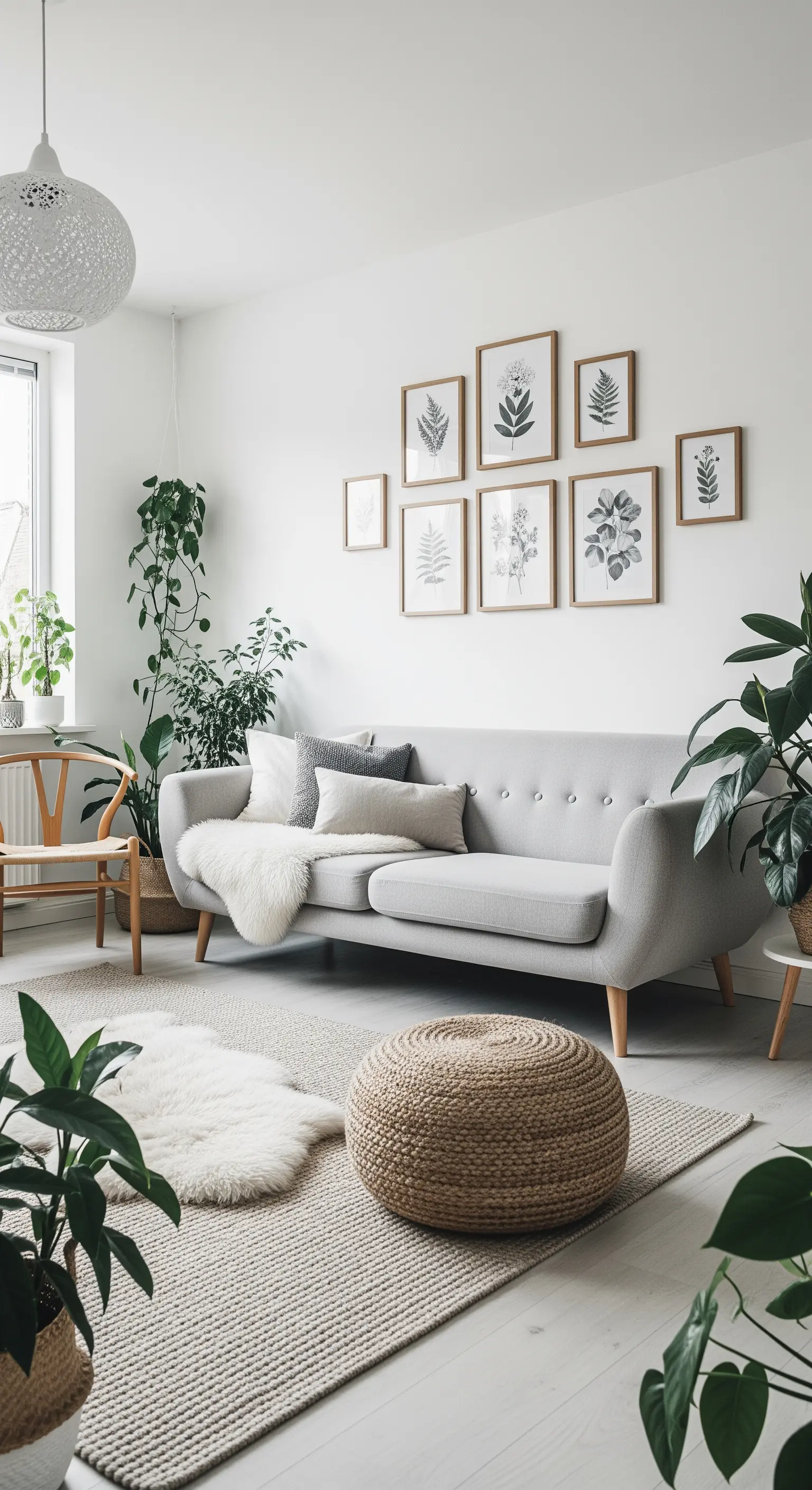 Galerie-Wand mit botanischen Drucken in Holzrahmen über einem hellgrauen Sofa.