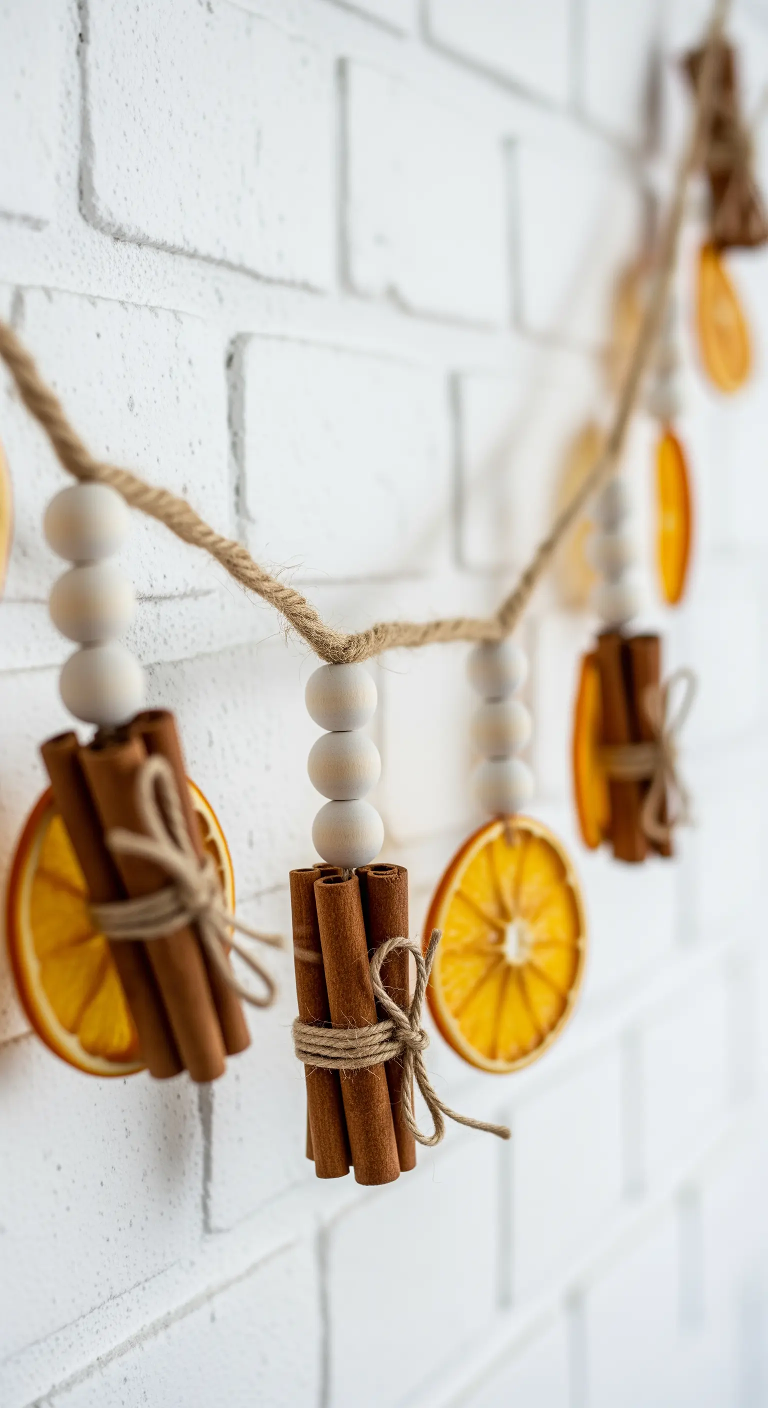 Nahaufnahme einer Girlande aus getrockneten Orangenscheiben, Zimtstangen und Holzperlen an einer weißen Wand.