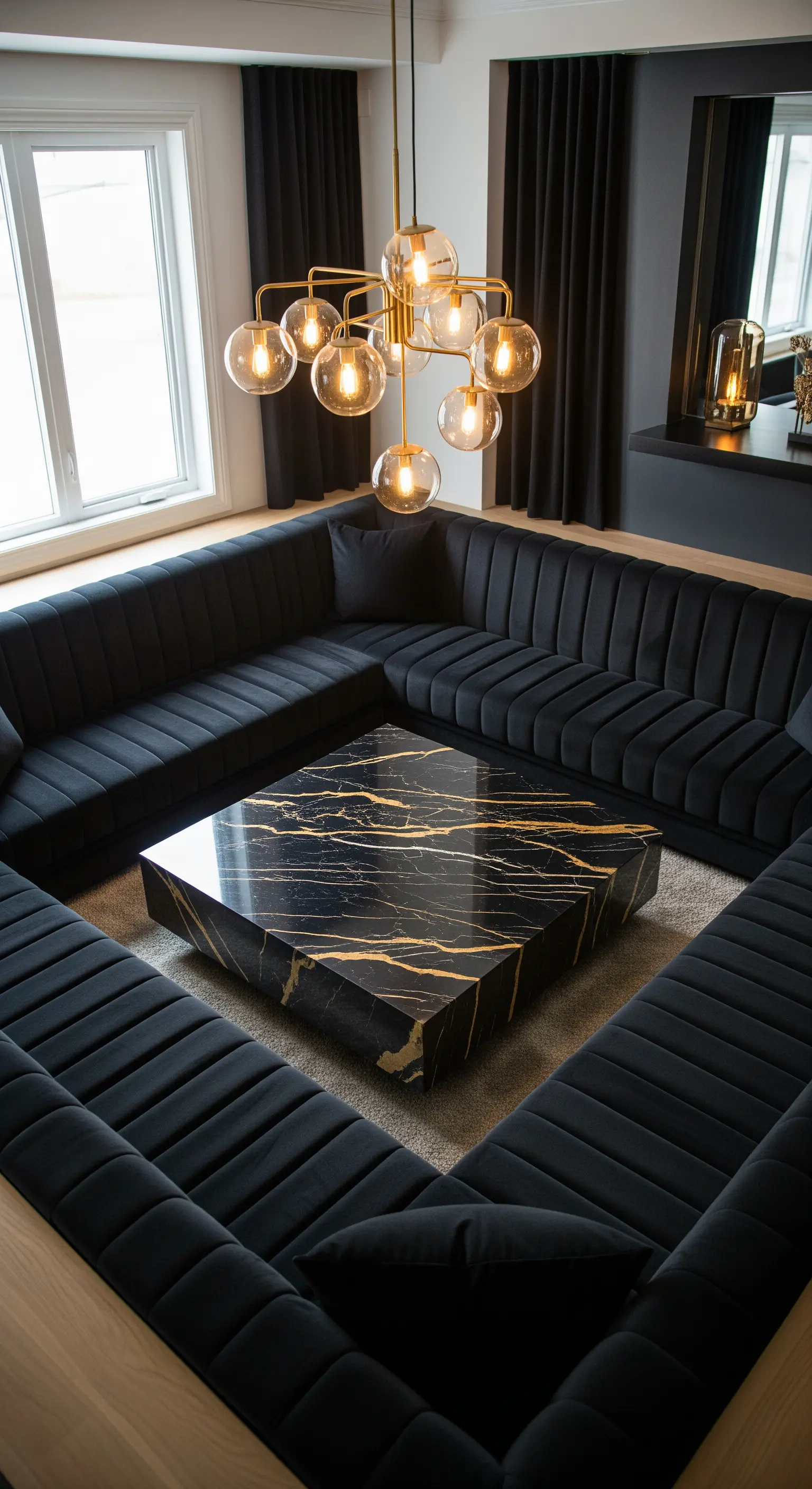 Großes, U-förmiges schwarzes Samtsofa, das einen massiven Couchtisch aus schwarzem Marmor umschließt.