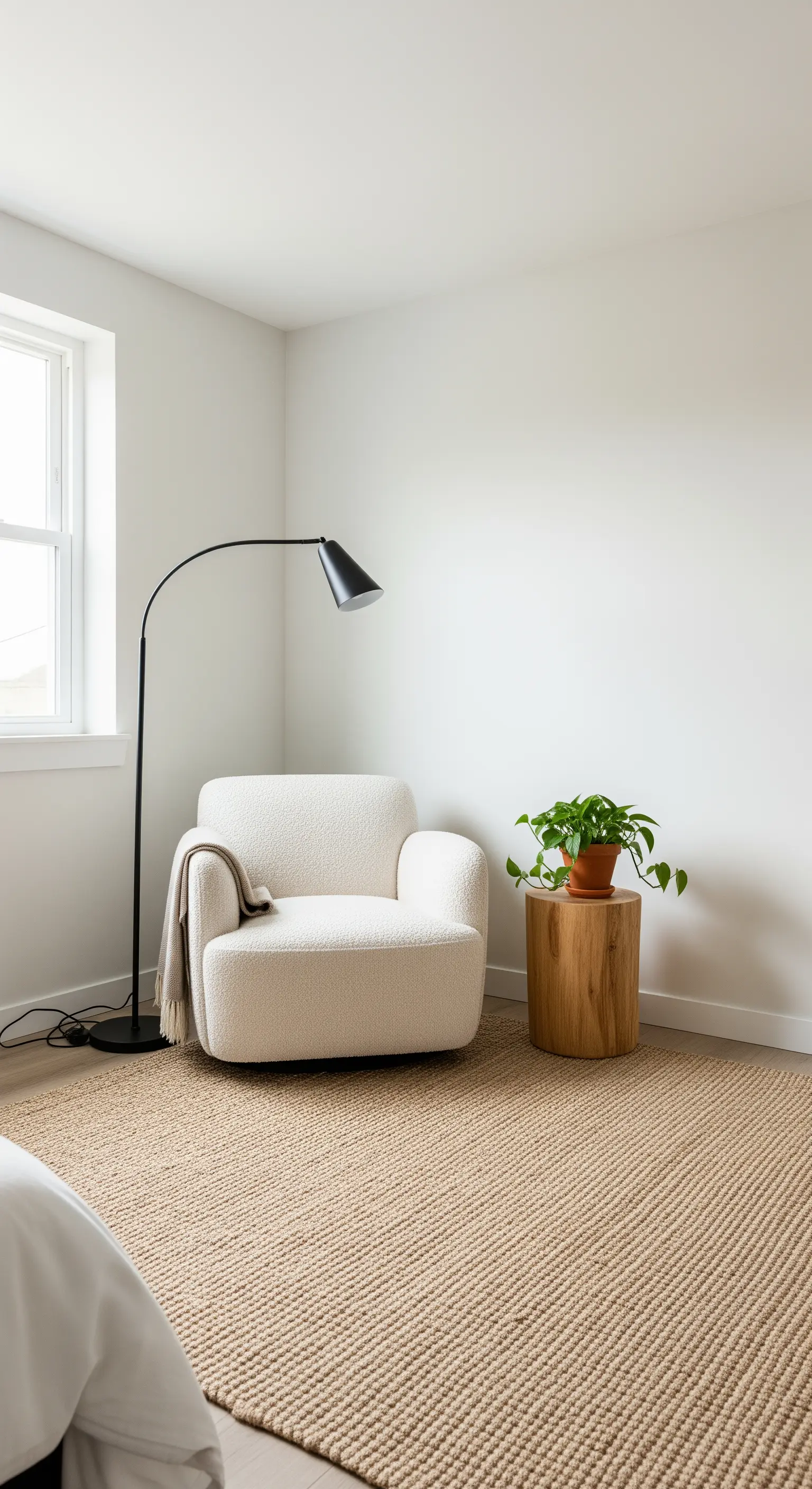 Eine minimalistische Leseecke mit weißem Bouclé-Sessel, Bogenlampe und Holzhocker.
