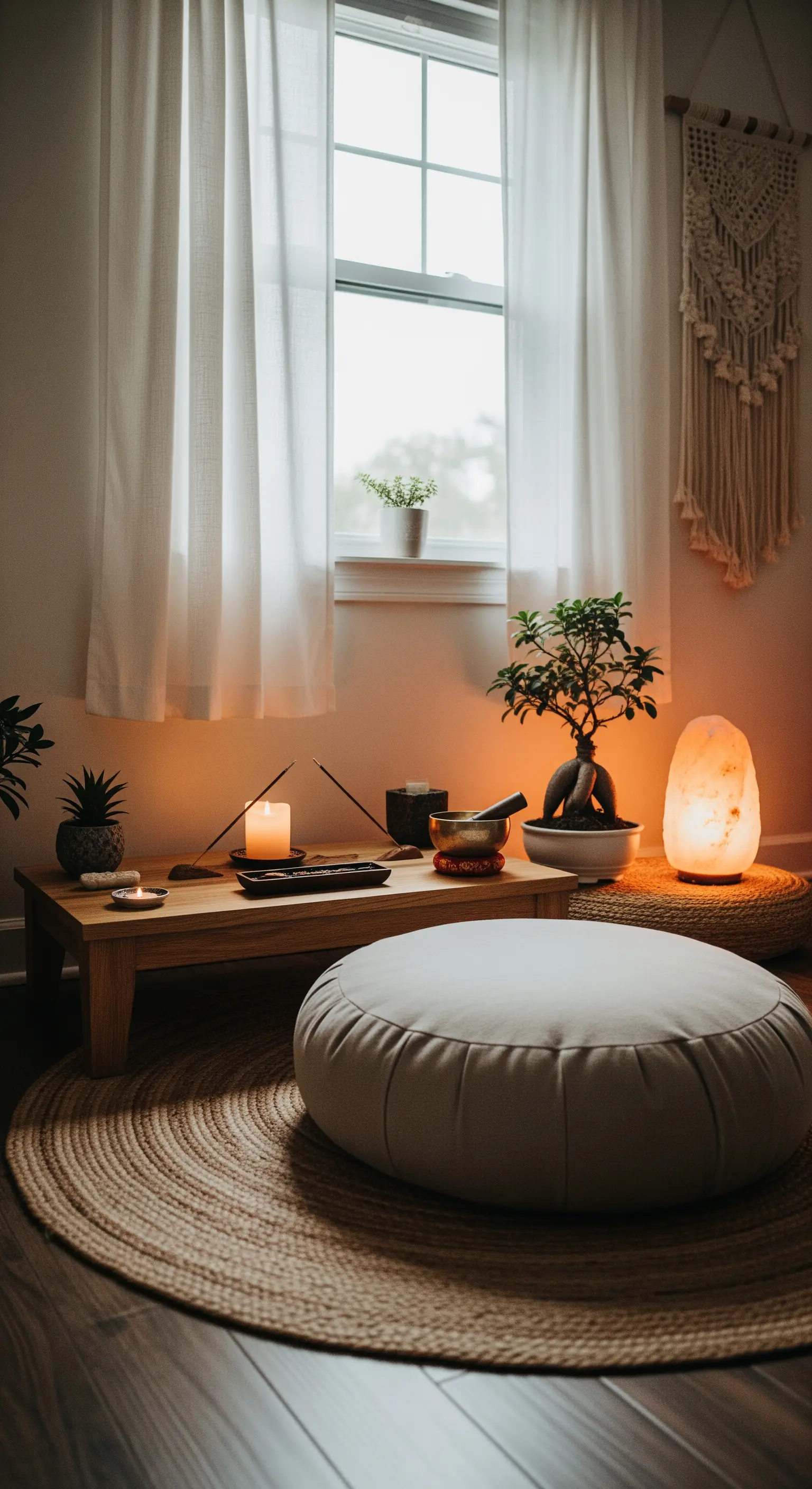 Eine ruhige Meditationsecke mit Bodenkissen, Kerzen, Klangschale und Salzkristall-Lampe.