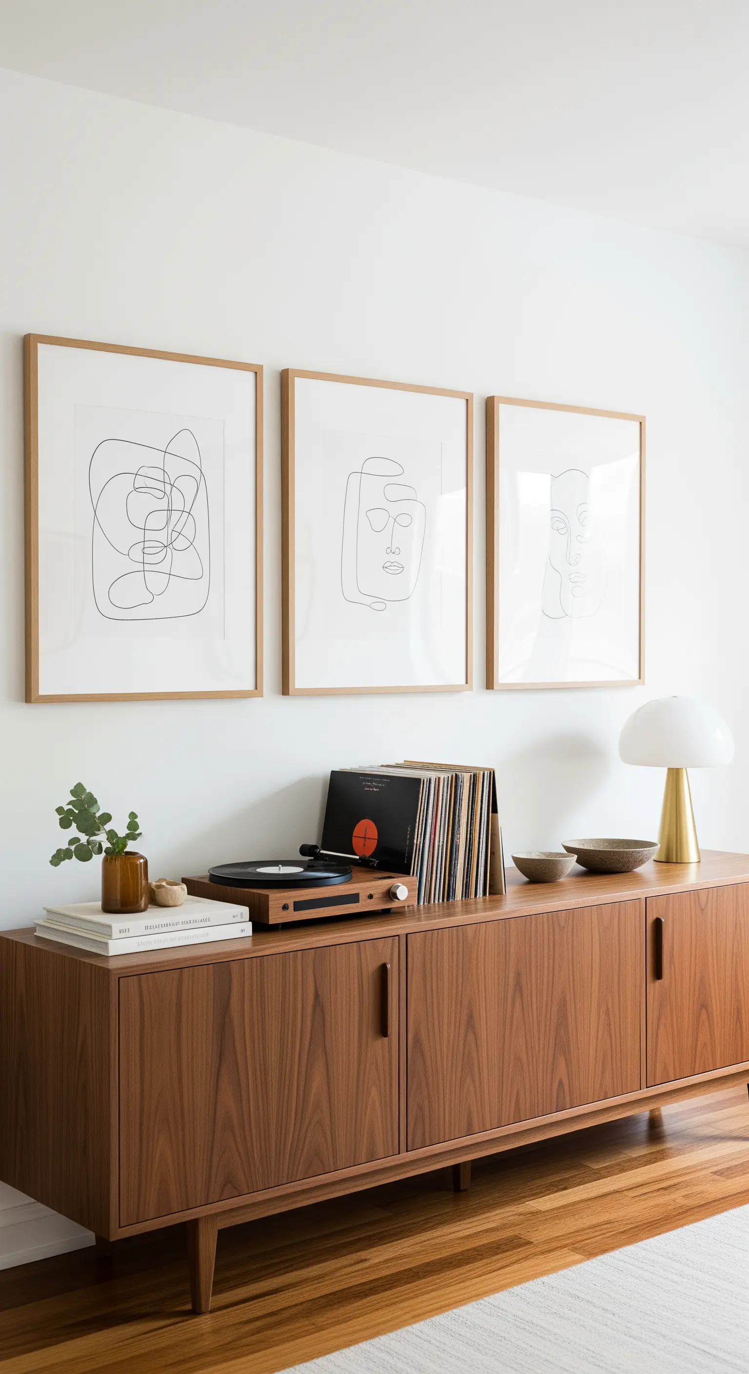 Sideboard aus Walnussholz mit Plattenspieler und einer Dreier-Galerie mit Line-Art-Bildern