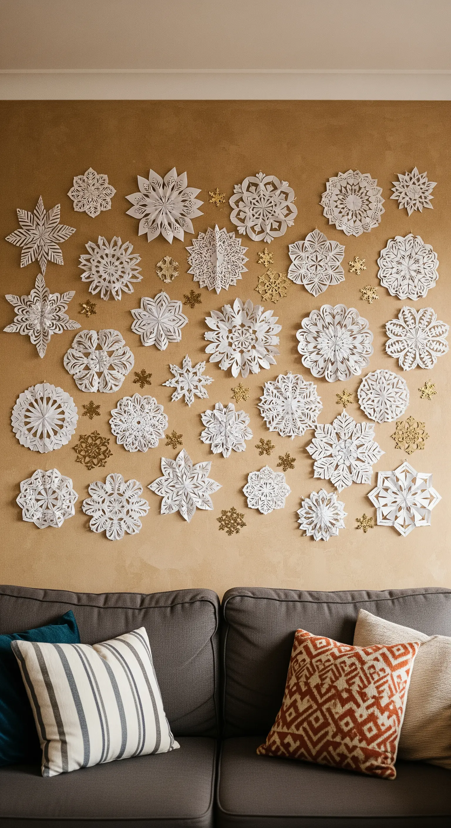 Wand über einem Sofa, dekoriert mit einer Vielzahl von weißen und goldenen Papierschneeflocken