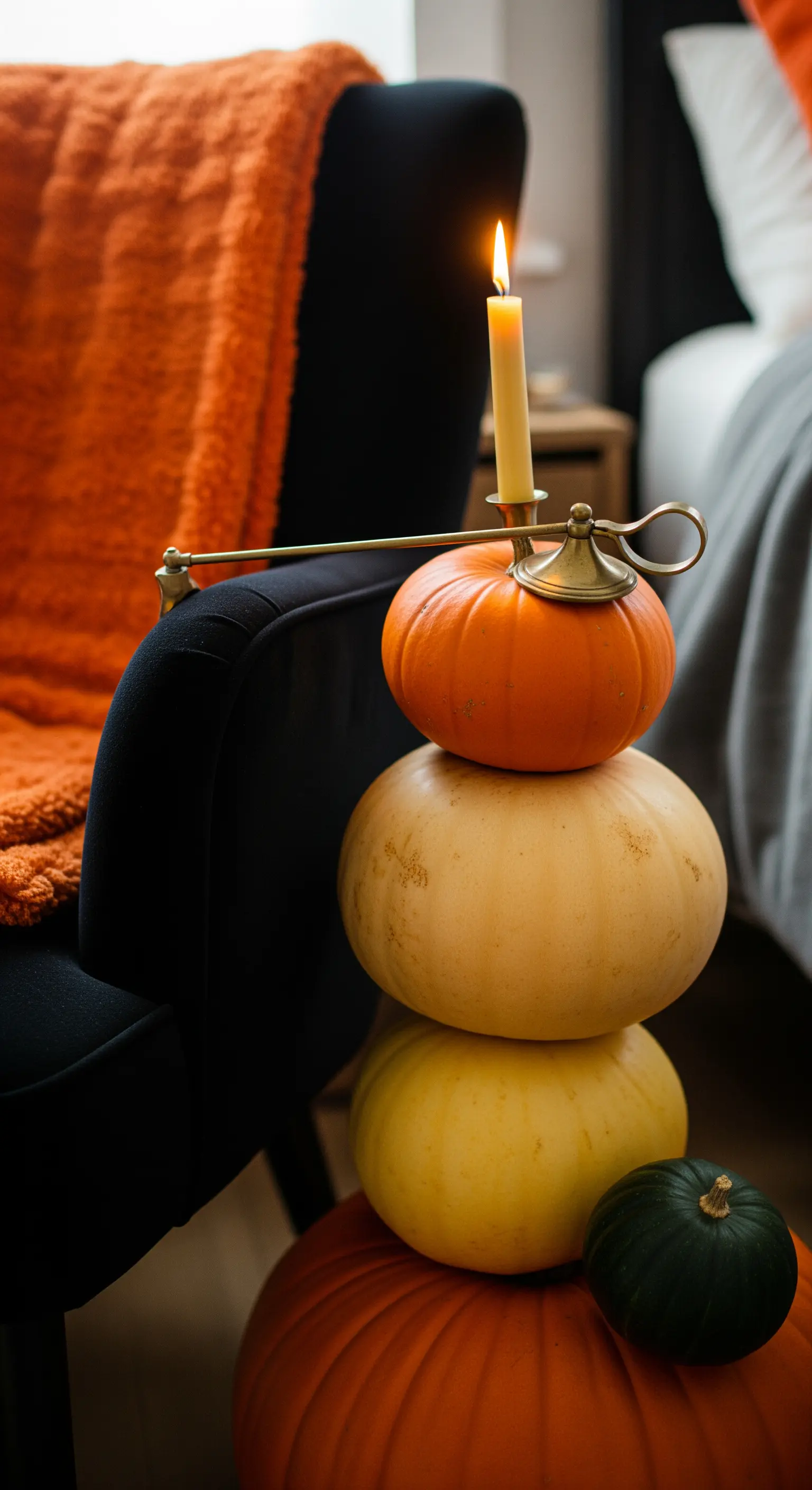 Gestapelte Kürbisse mit Kerzenhalter neben einem Sessel mit orangefarbener Decke