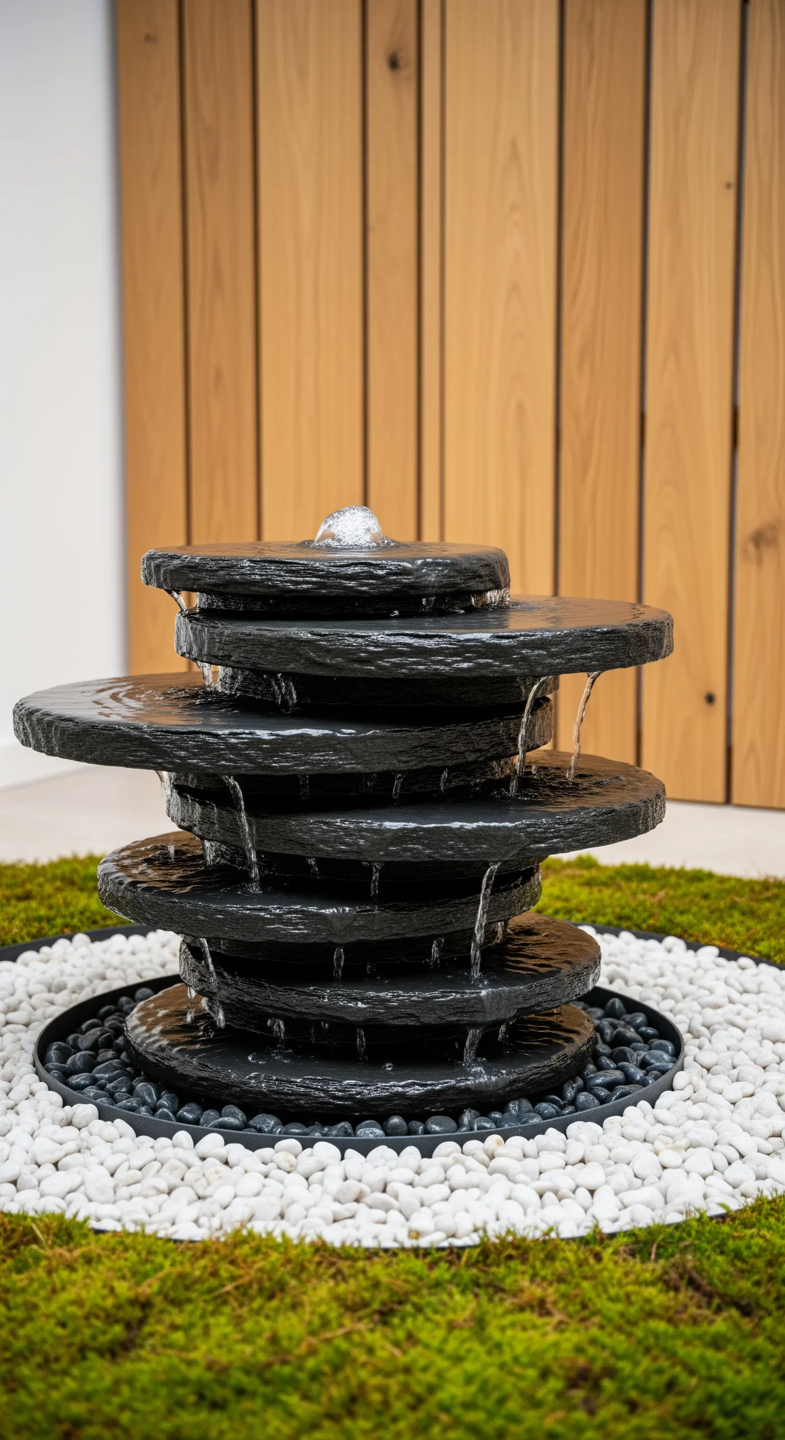 Gestapelte Schieferbrunnen, weiße Kieselsteine, Moos