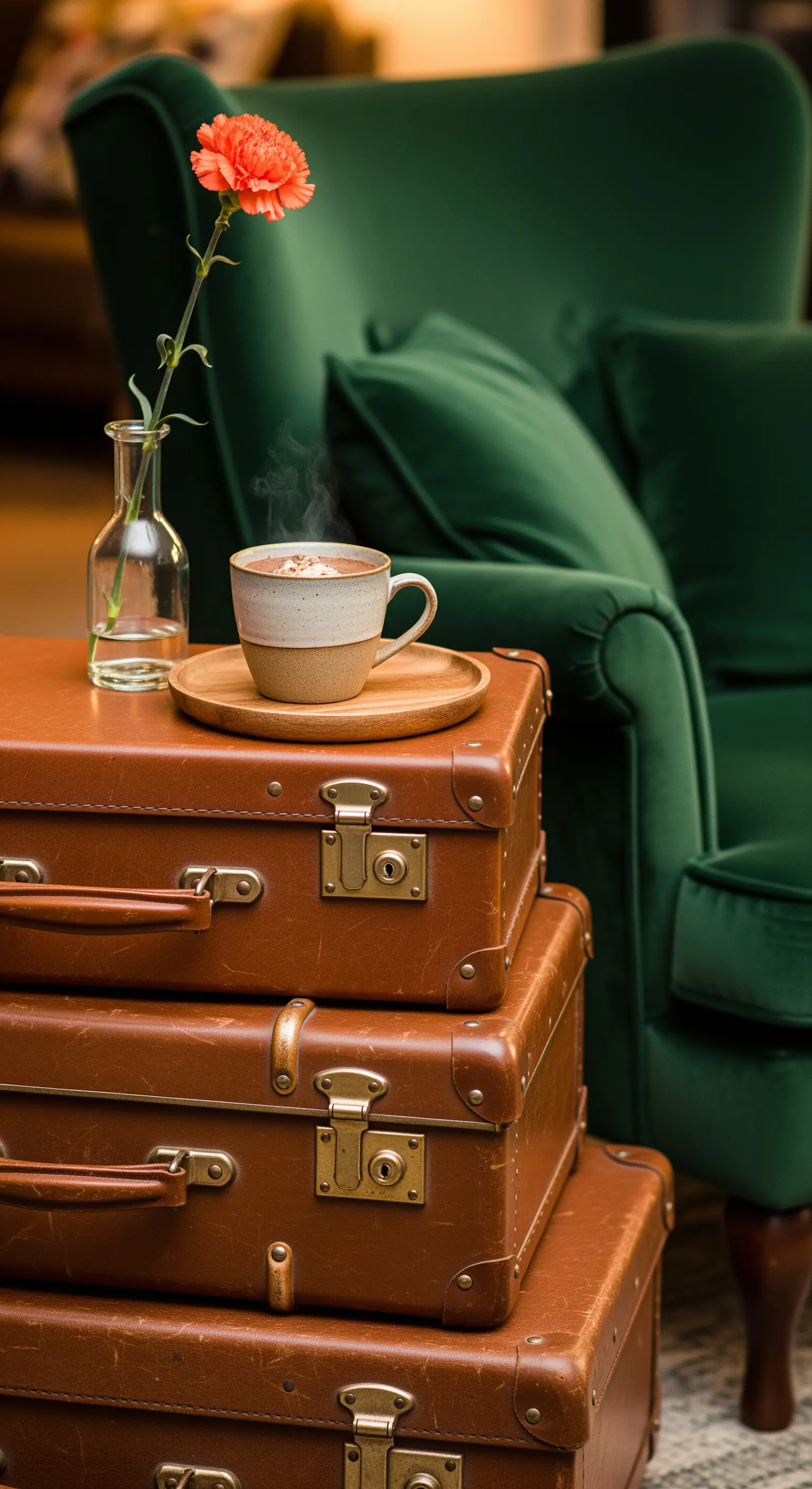 Gestapelte Vintage-Koffer als Beistelltisch, Blume, Kaffee.