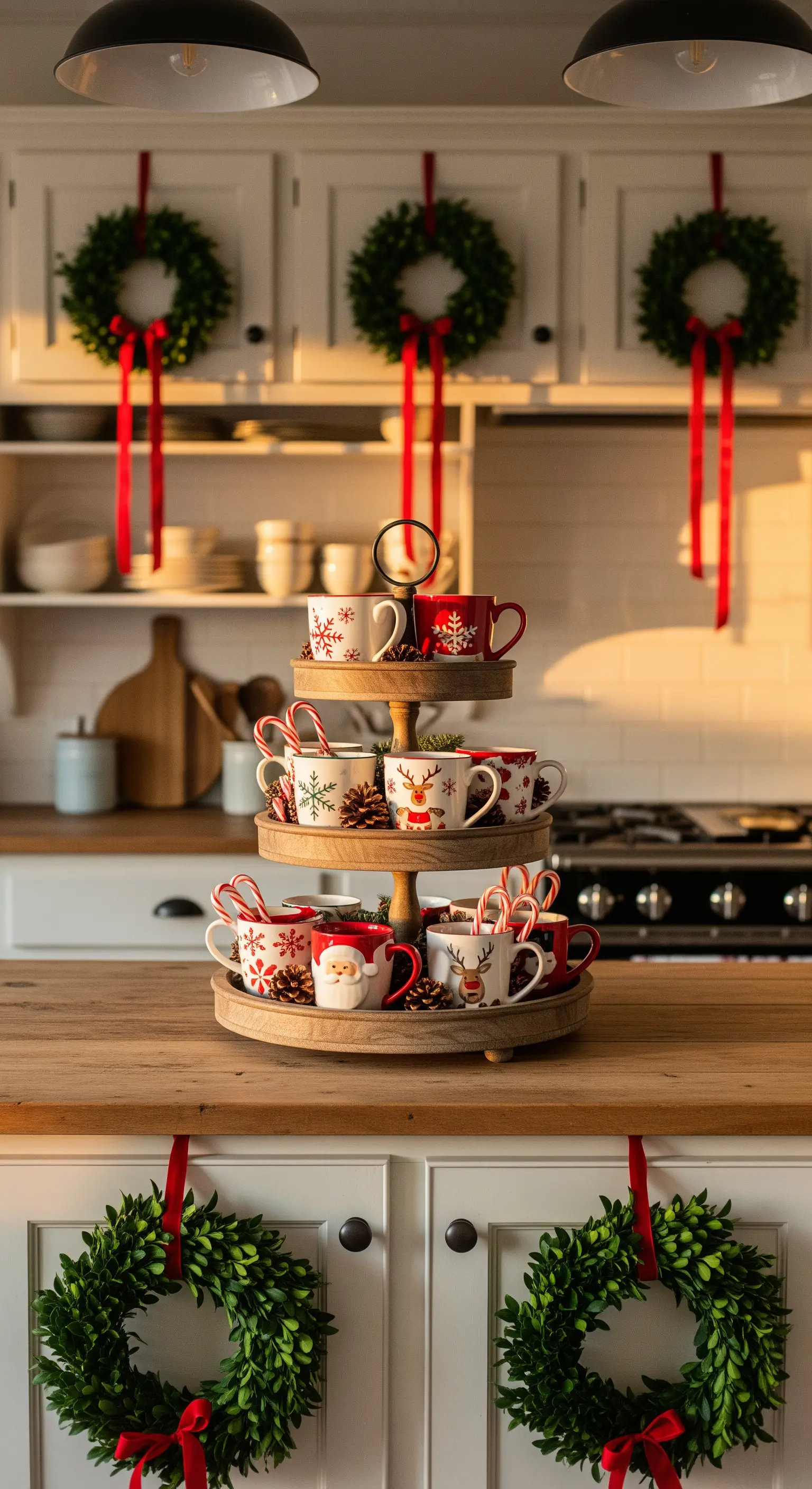Weihnachtstassen auf einer dreistöckigen Etagere mit kleinen Kränzen an Küchenschränken