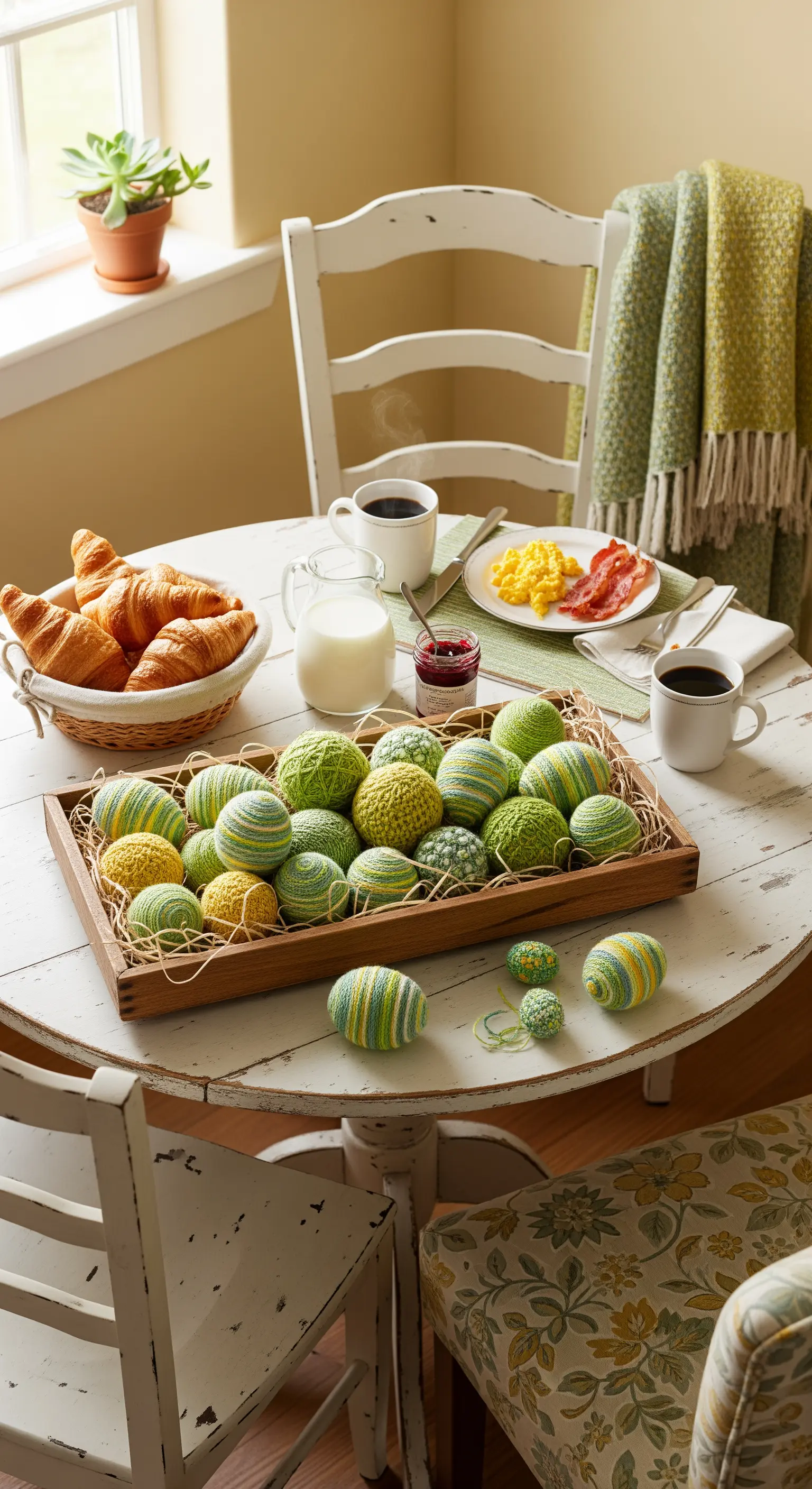 Gestrickte/gehäkelte Ostereier in Grün- und Cremetönen in Holztablett auf Tisch