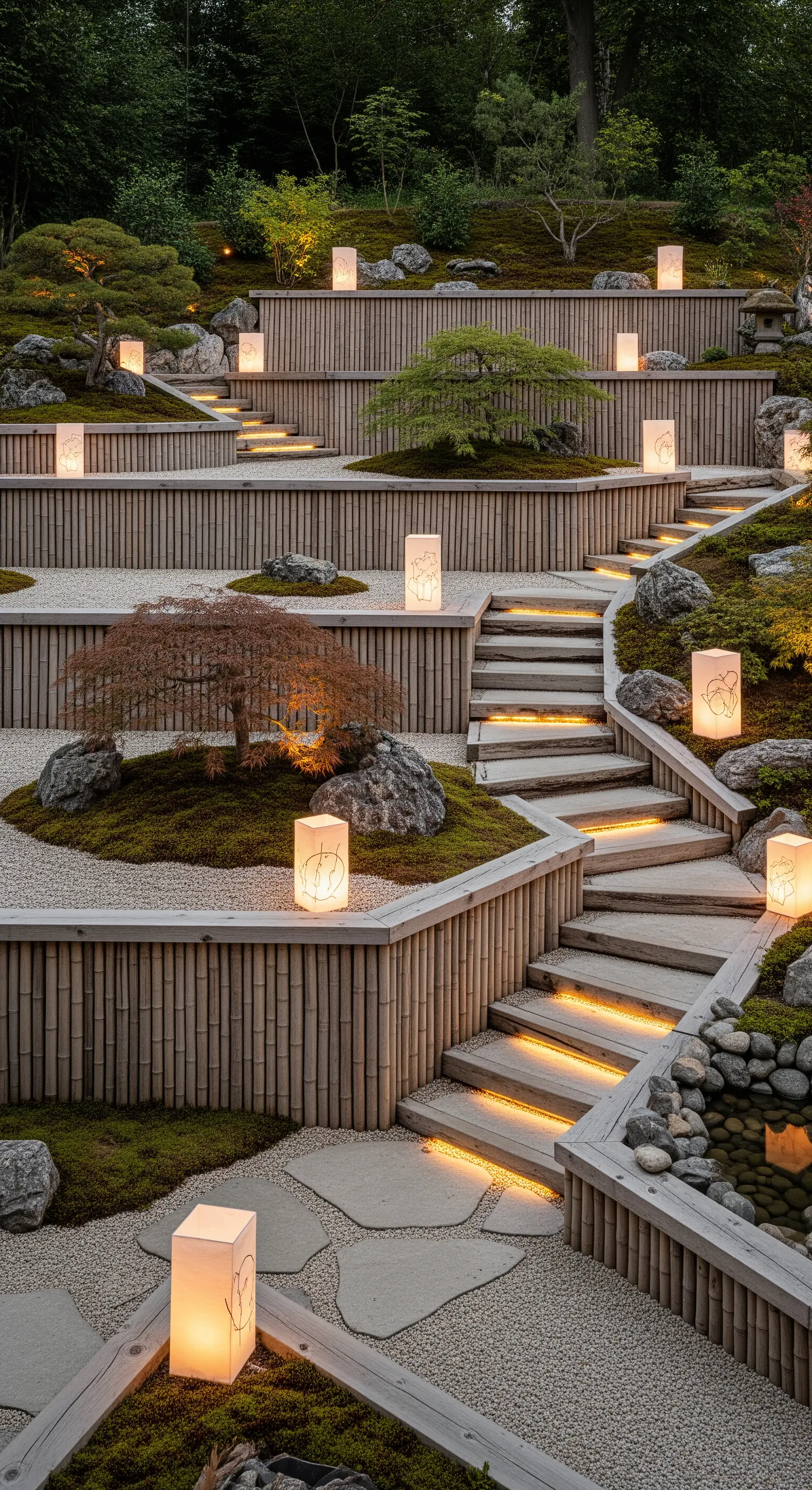 Gestufte Gartenanlage mit Bambuswänden, Steintreppen und Papierlaternen
