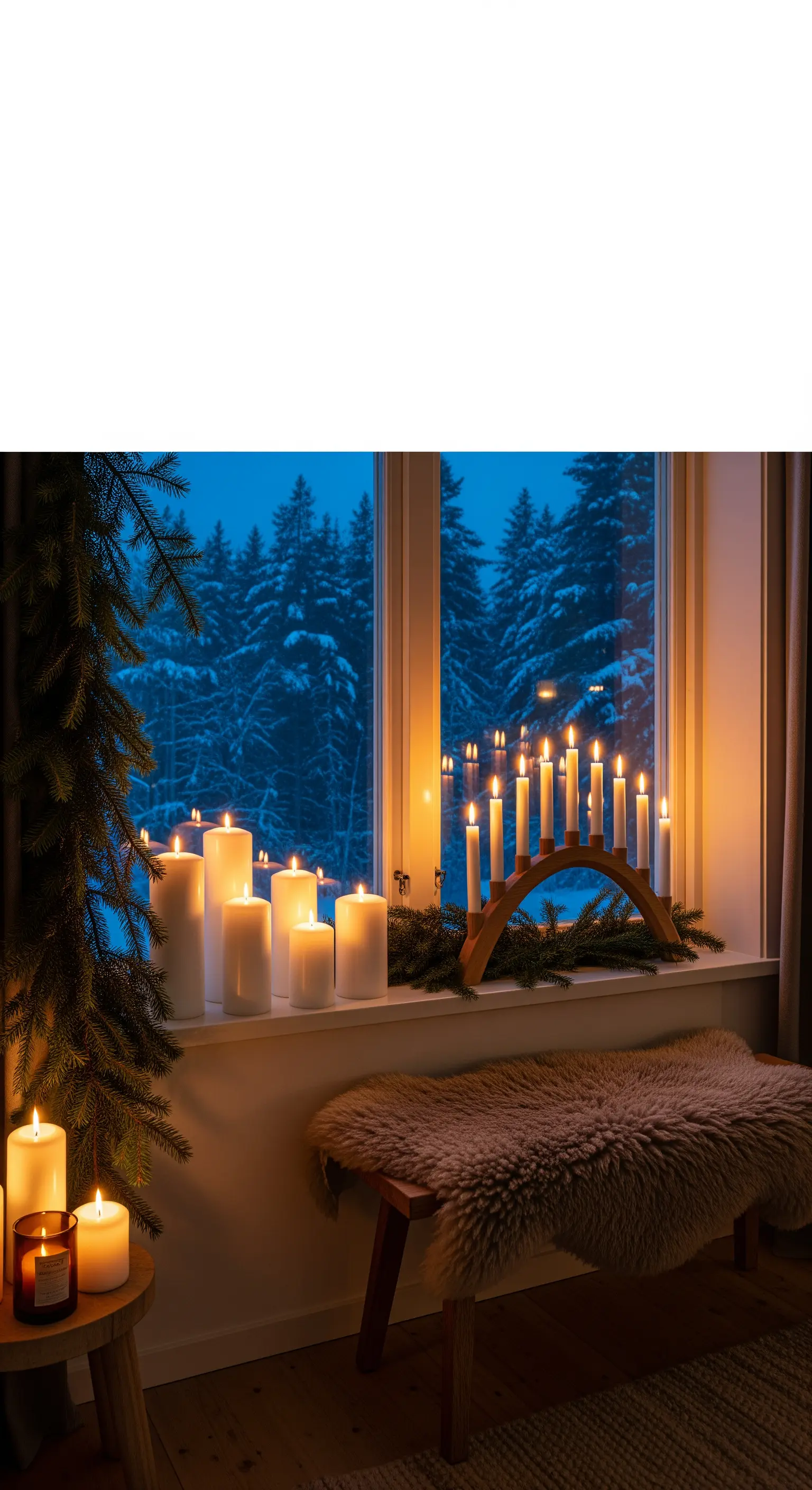 Fensterbank mit gestuften Kerzen, Holz-Adventsbogen, Tannengirlande und Fellauflage