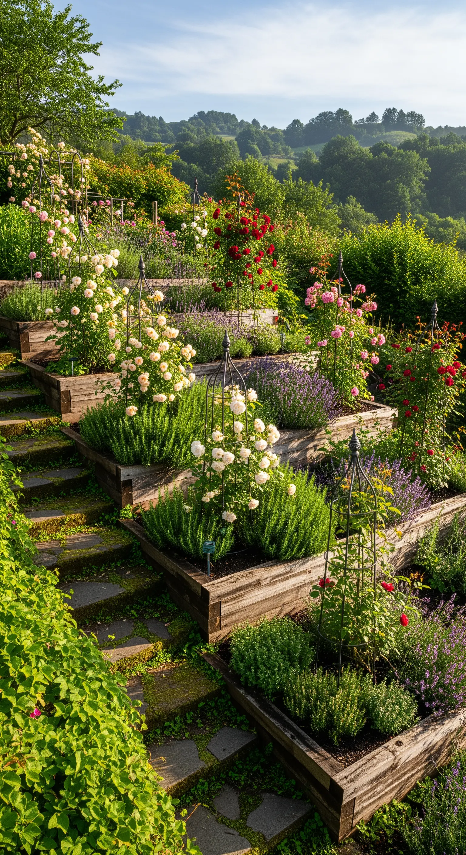 Terrassierte Hochbeete, Rosen, Kräuter, Holzstufen, Hanggarten.