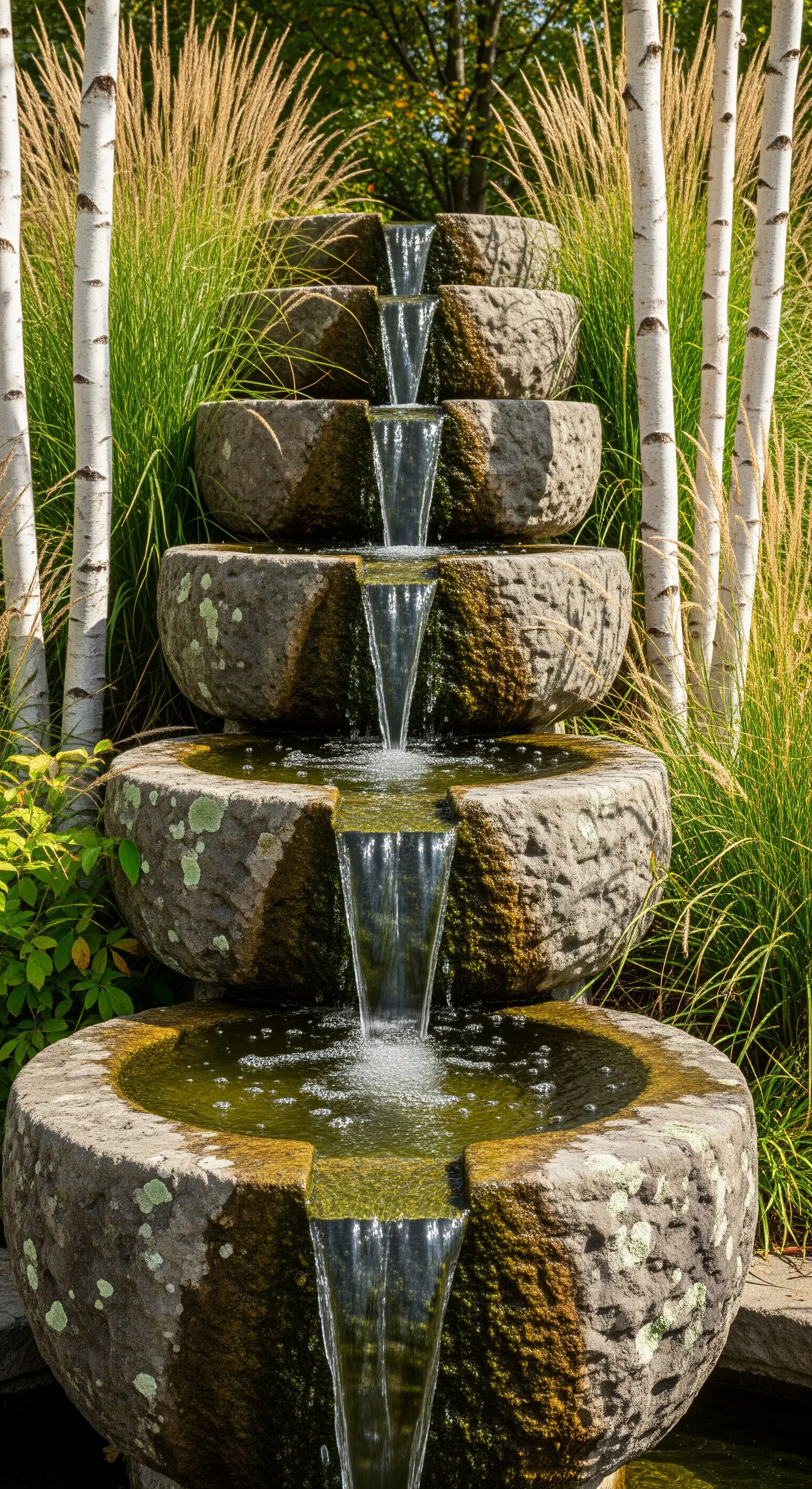 Gestufter Wasserfall aus Steinschalen zwischen Birken und hohen Gräsern
