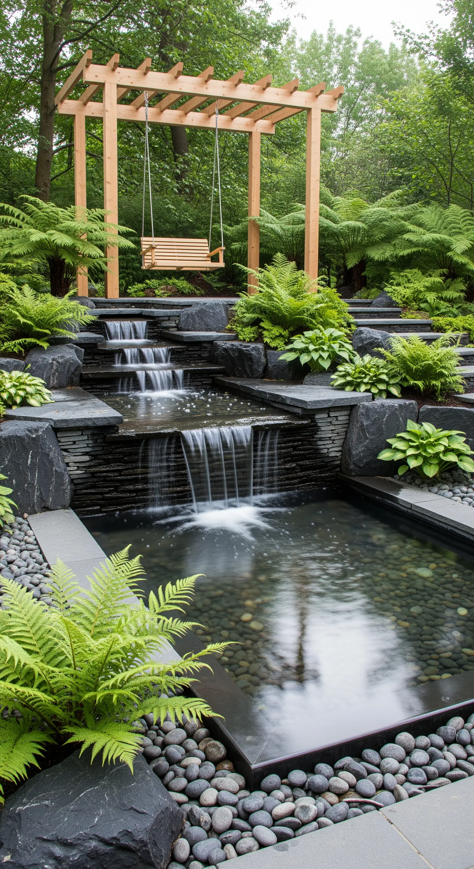Gestufter Wasserfall aus dunklem Stein mit Farnen und Holzschaukel-Pavillon