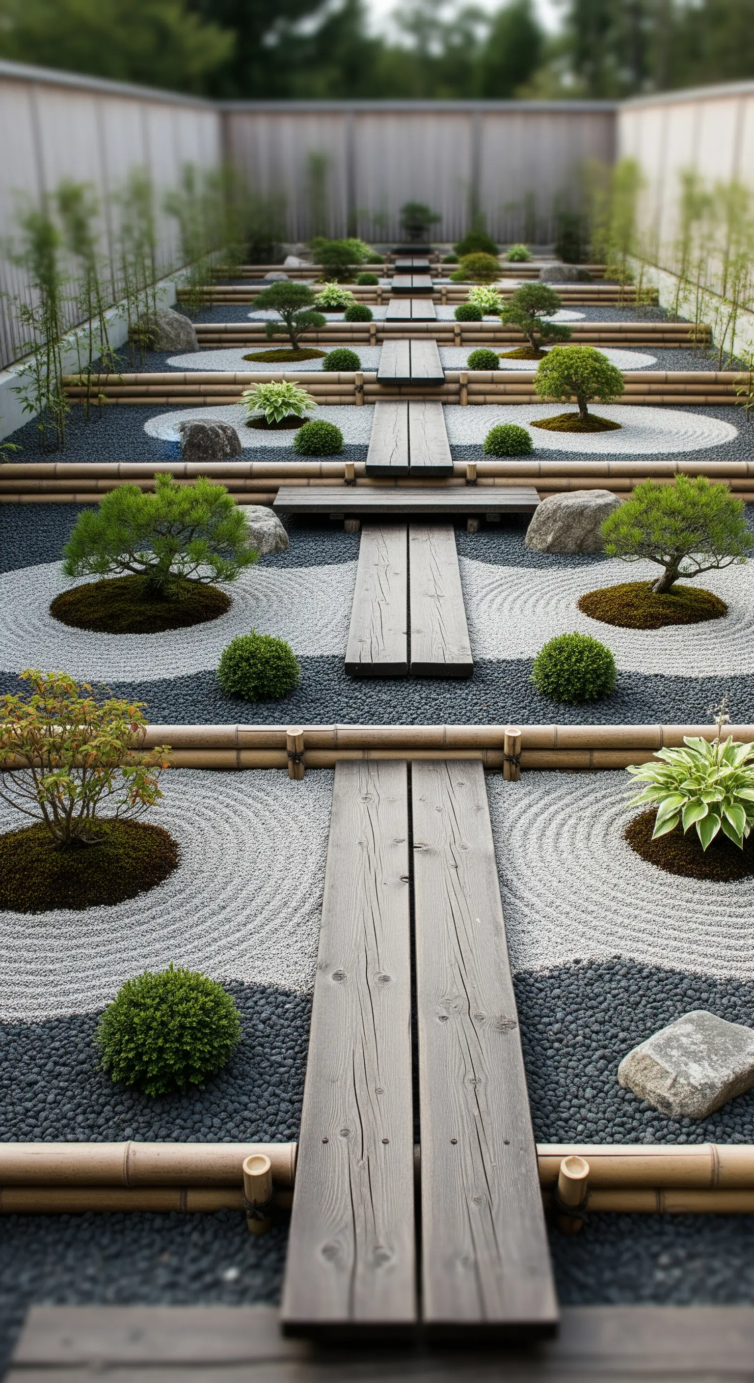 Gestufter Japandi-Garten mit Holzstegen, geharktem Kies und kleinen Pflanzen