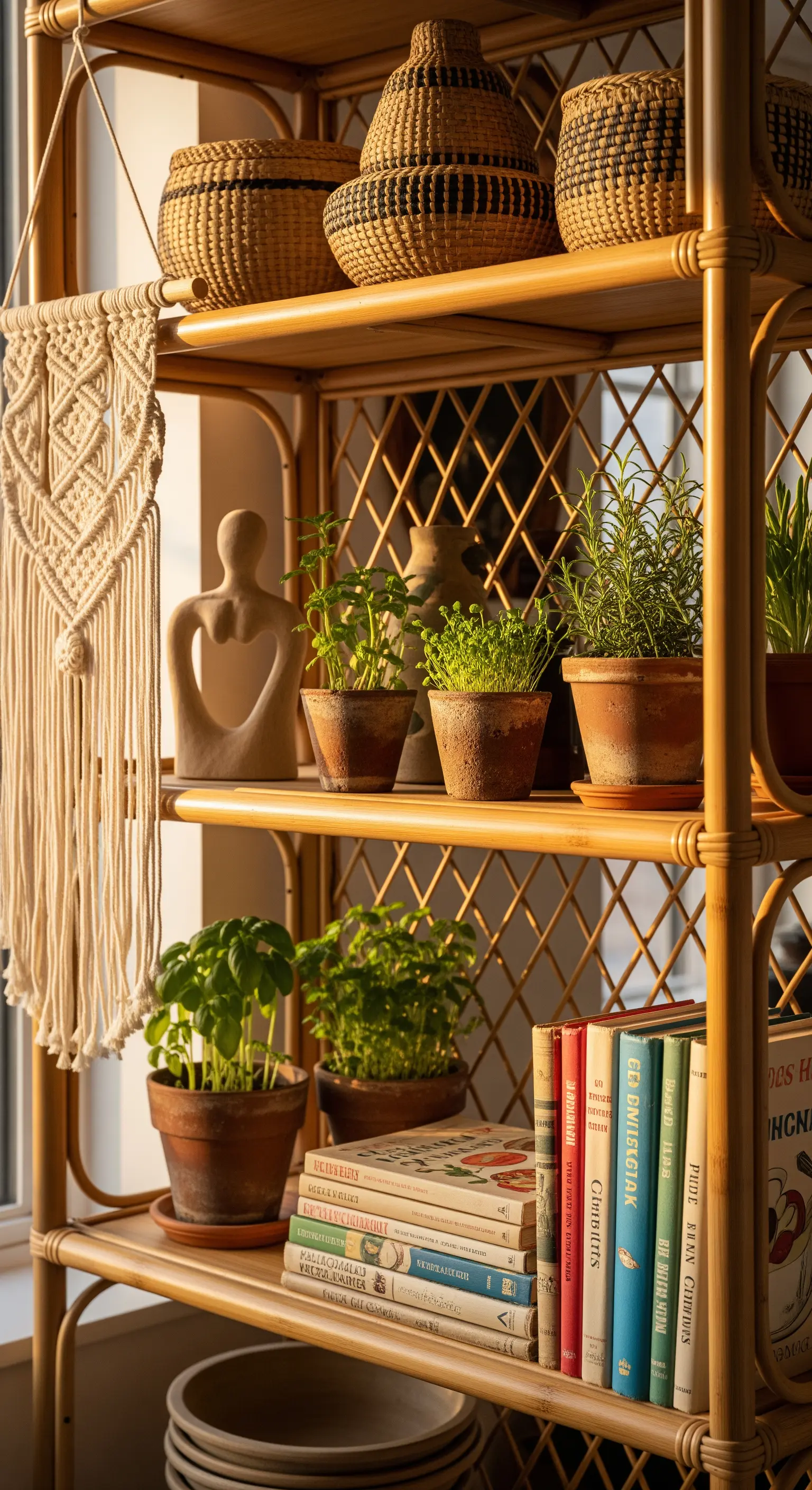 Rattanregal mit Kräutern, Körben und Keramik im Boho-Stil
