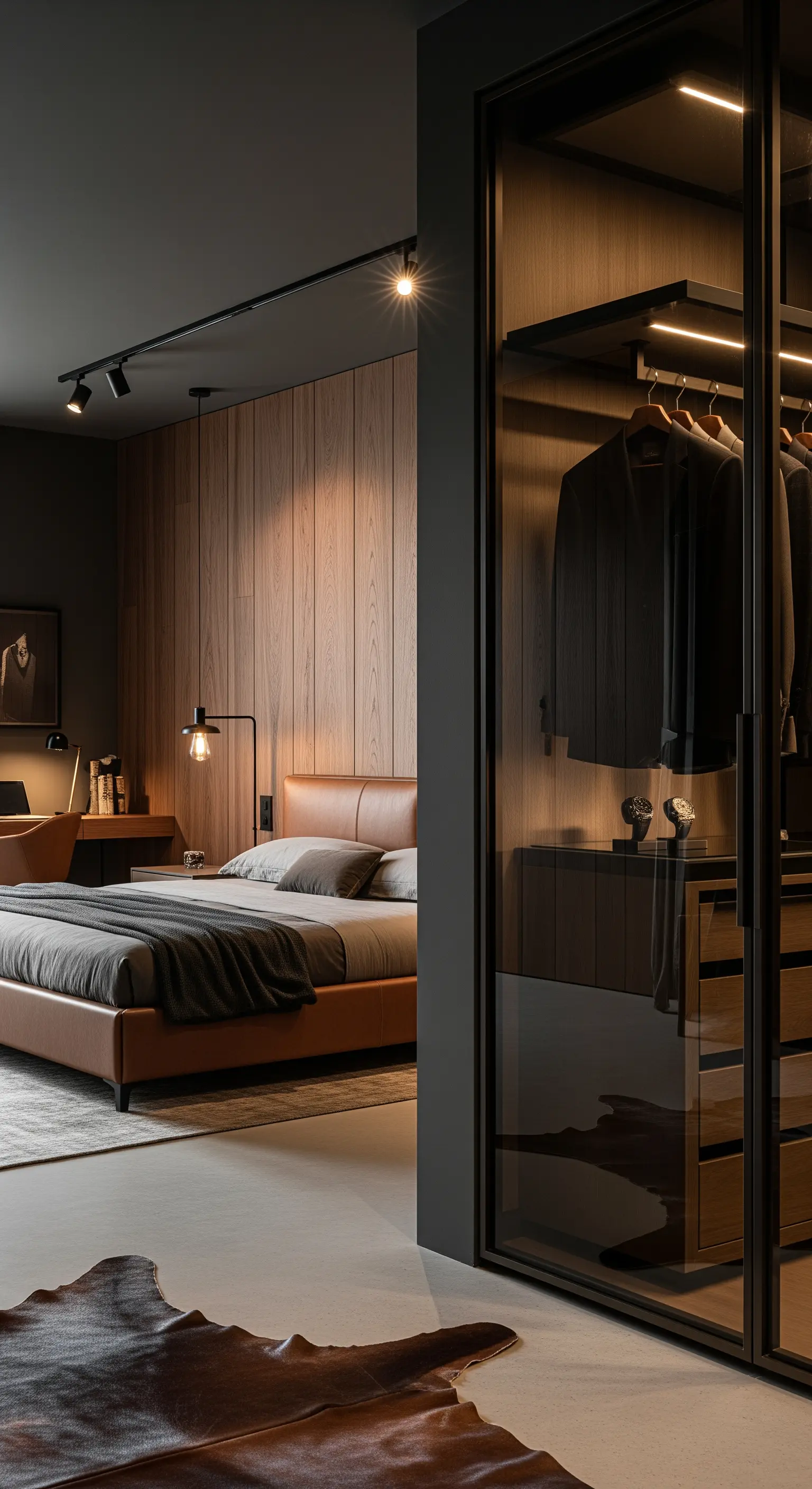 Dunkles Schlafzimmer mit Holzwand und einer Ankleide aus getöntem Rauchglas.