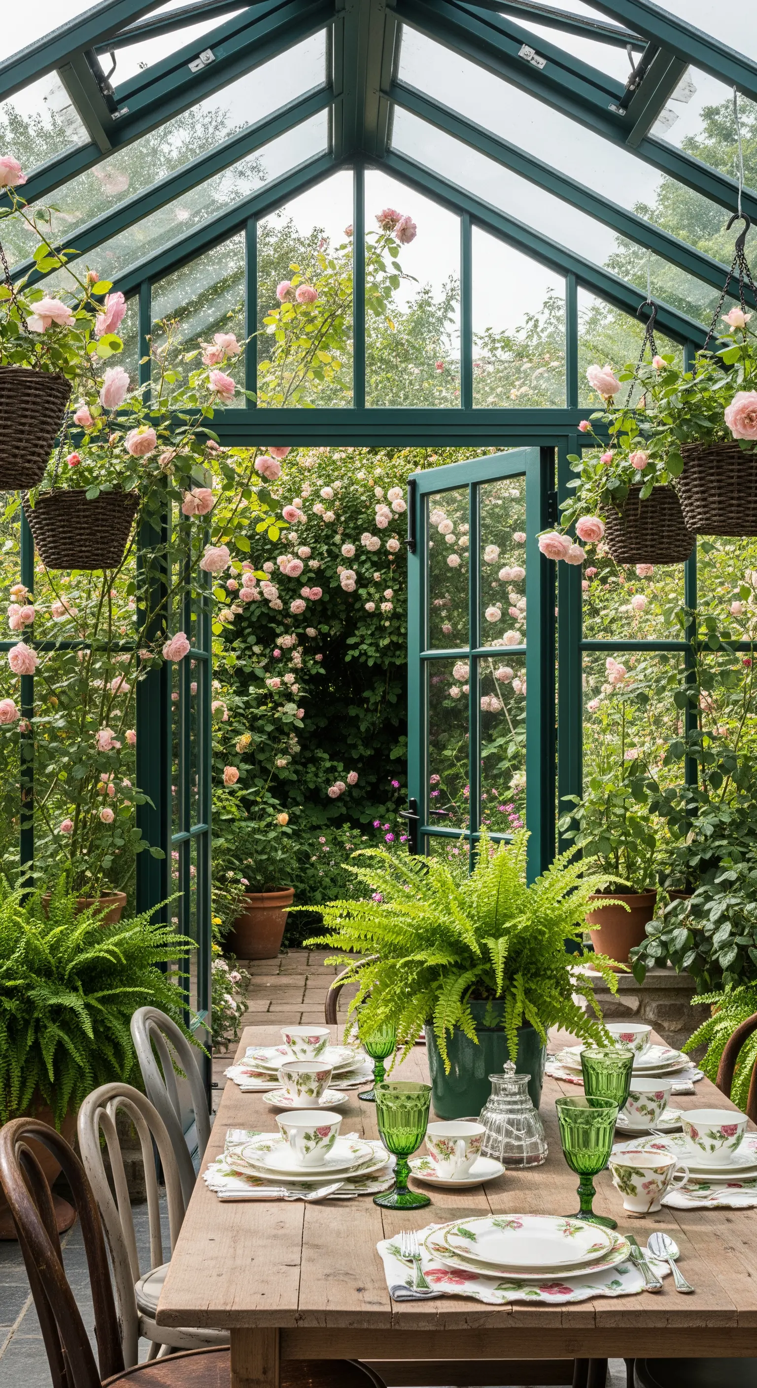 Holztisch in Gewächshaus mit Kletterrosen, Farnen und grünen Glasgefäßen