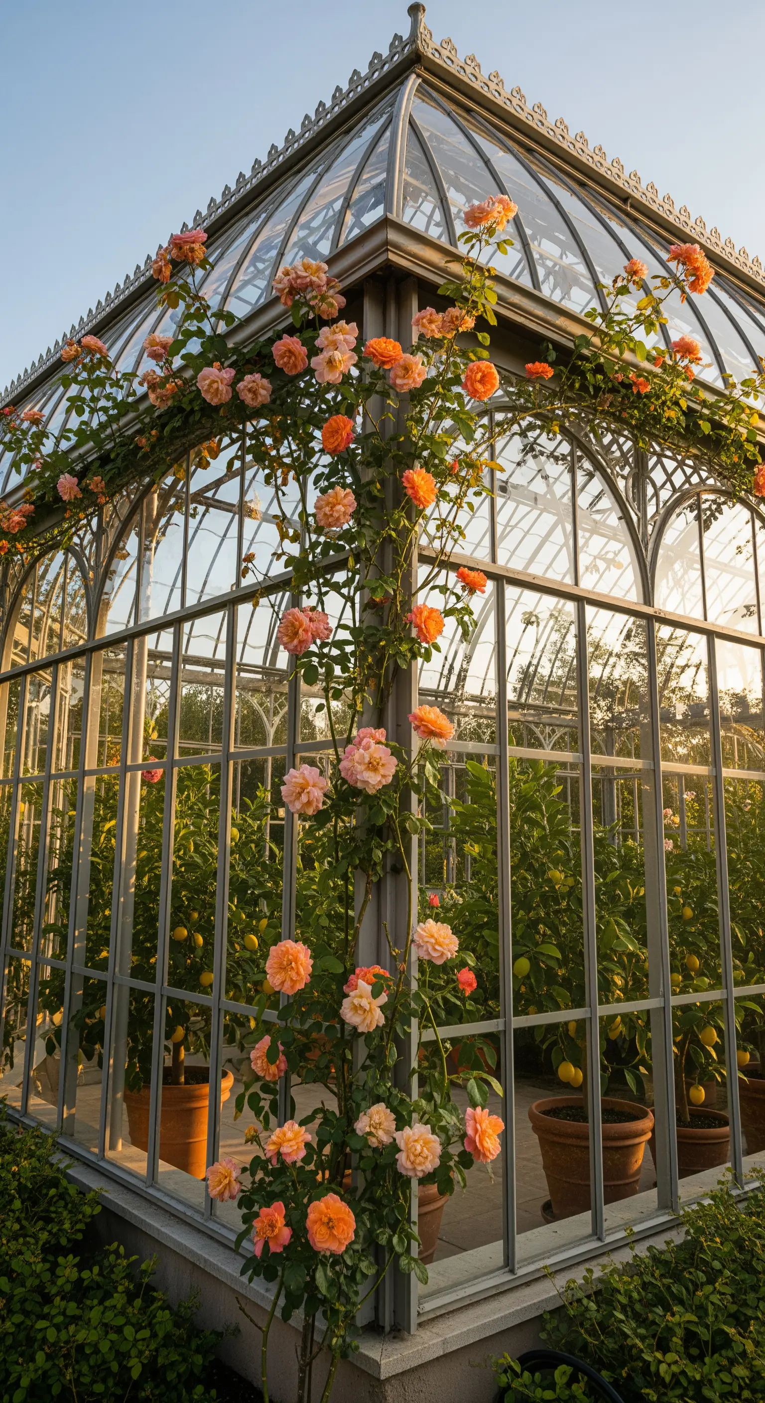 Gewächshaus, Kletterrosen, Pfirsichrosen, Orangerie, Gartenarchitektur