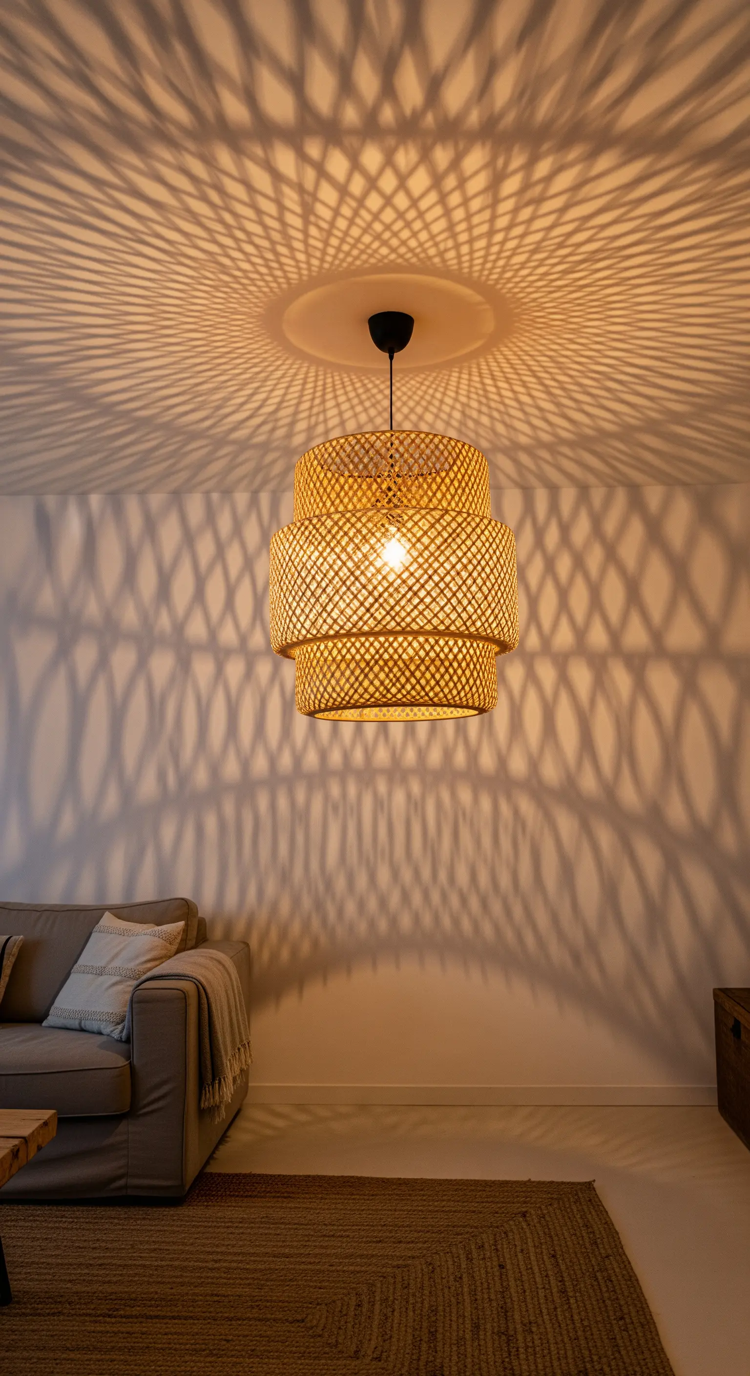 Rattan-Pendelleuchte, die faszinierende, gewebte Schattenmuster an Decke und Wände wirft.