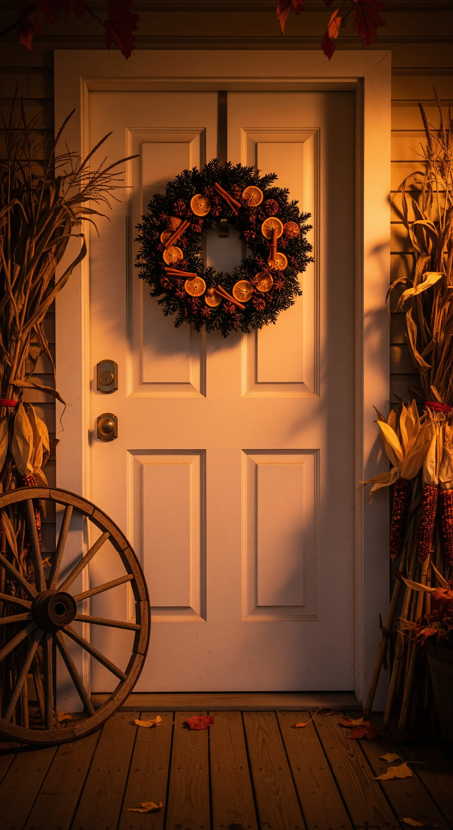 Winterkranz mit getrockneten Orangen und Zimt an weißer Tür, Maisstängel und Wagenrad