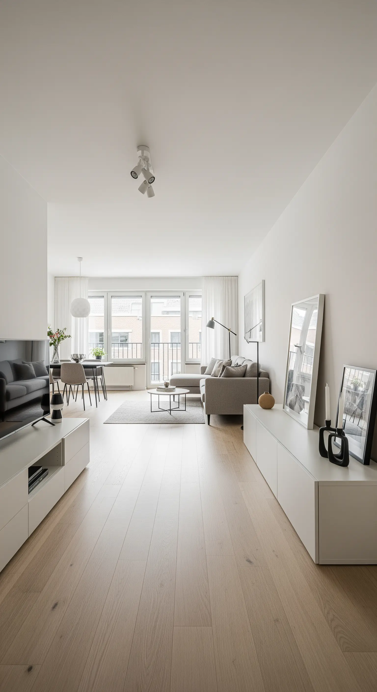 Langes, schmales Wohnzimmer mit hellem Holzboden und einer kleinen Teppichinsel