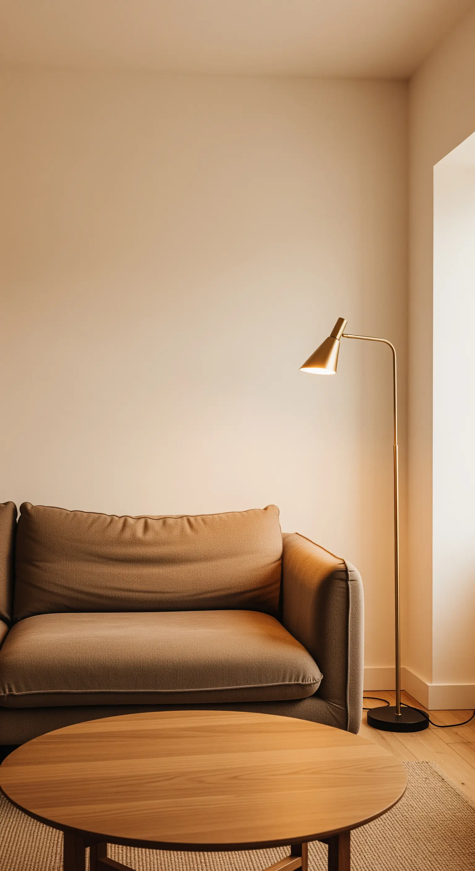 Eine Stehlampe aus Messing erzeugt eine warme Lichtinsel neben einem beigen Sofa.