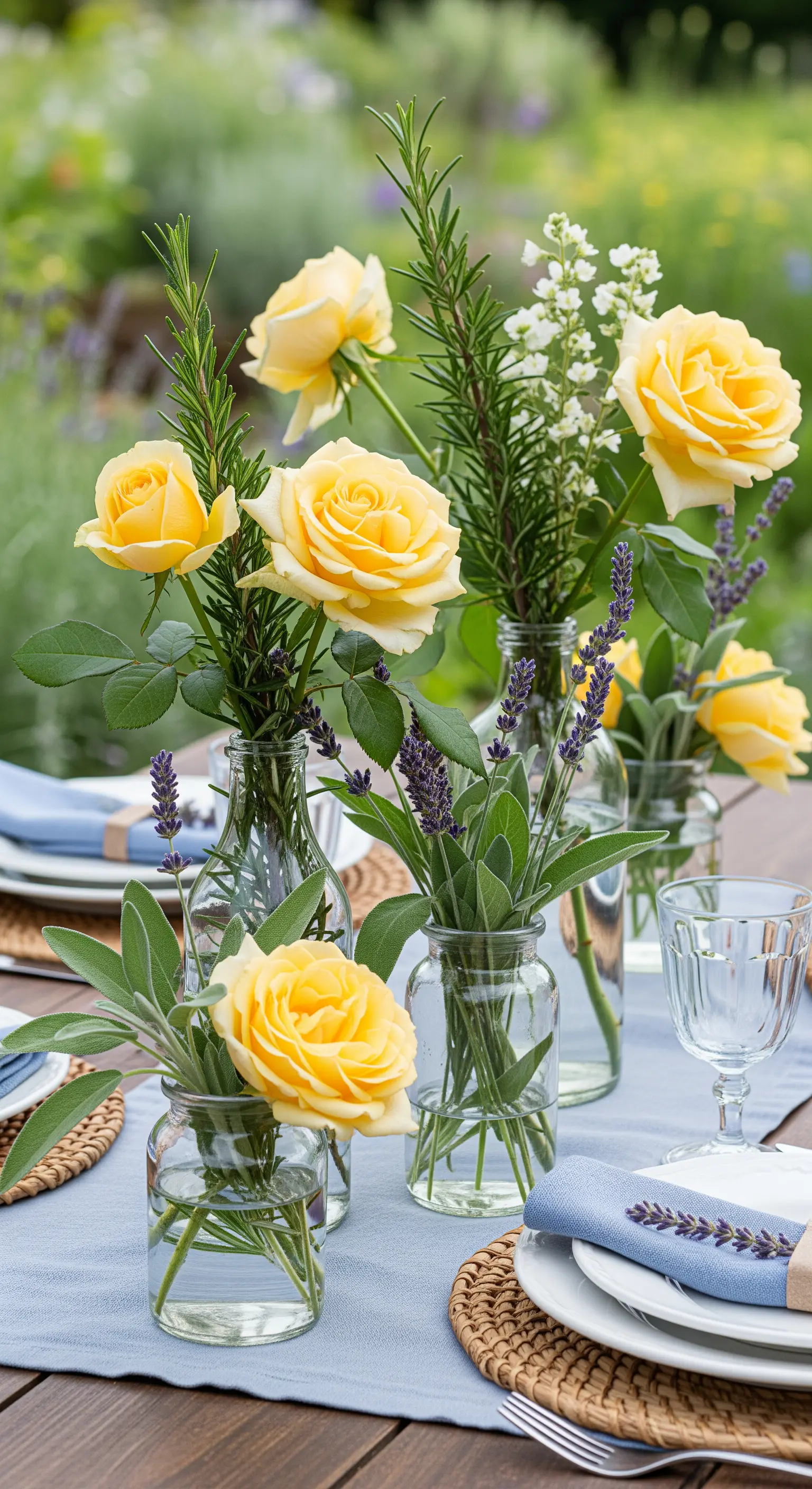 Gartentisch-Deko mit gelben Rosen und frischen Kräutern wie Lavendel und Rosmarin.