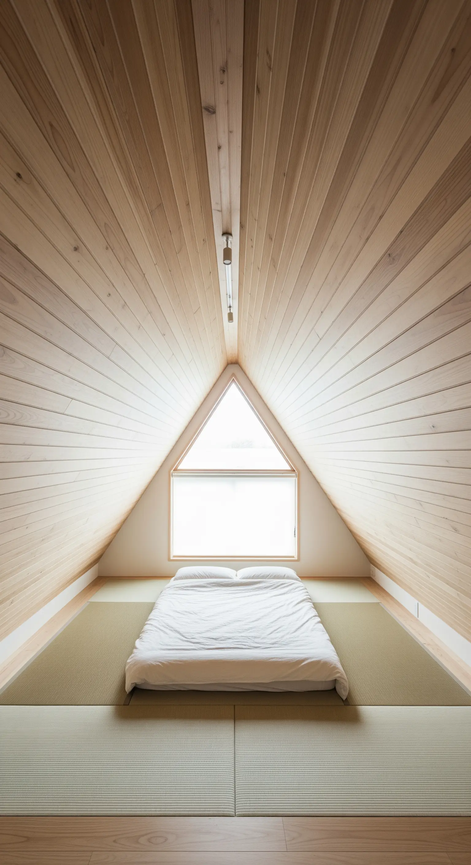 Minimalistisches Dachgeschoss-Schlafzimmer mit Holzverkleidung und Futon auf Tatami-Matten.
