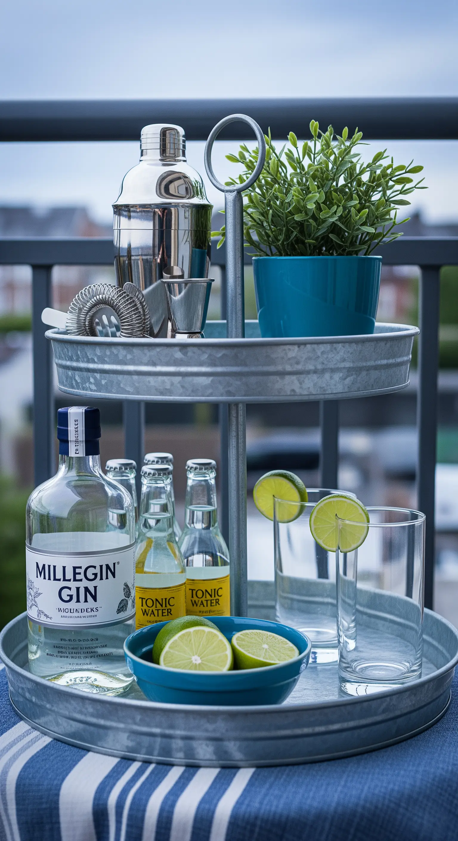 Zink-Etagere als Gin-Tonic-Bar auf dem Balkon mit Gin, Tonic, Gläsern und Limetten.