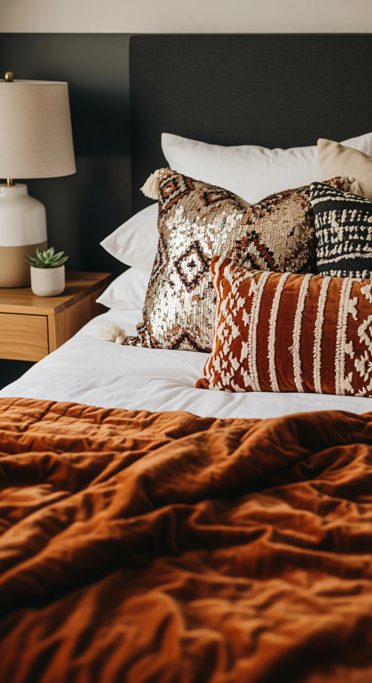 Nahaufnahme von Kissen mit Pailletten und Samt in Erdtönen auf einem Bett.