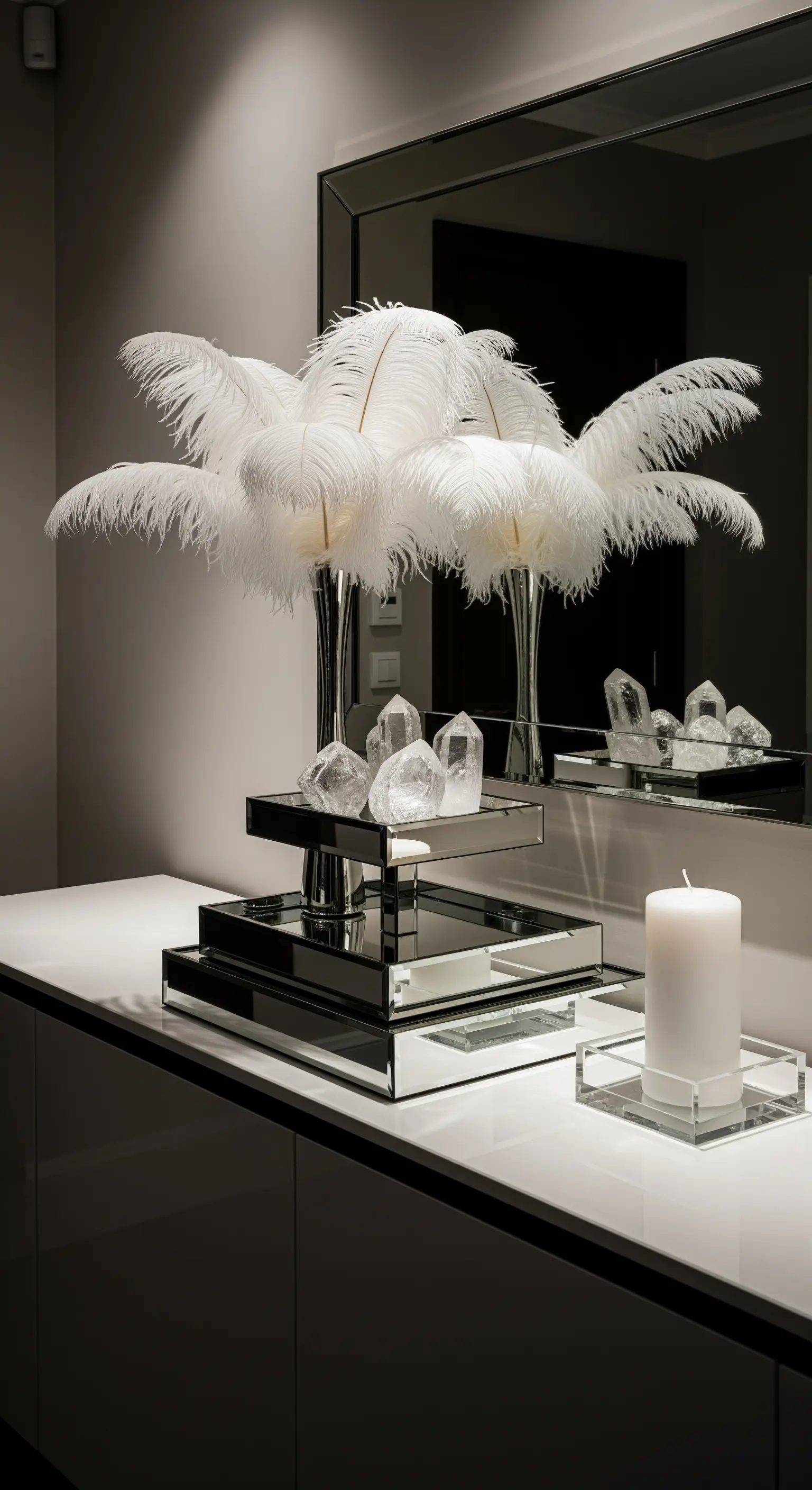 Spiegel-Etagere mit weißen Federn und Kristallen