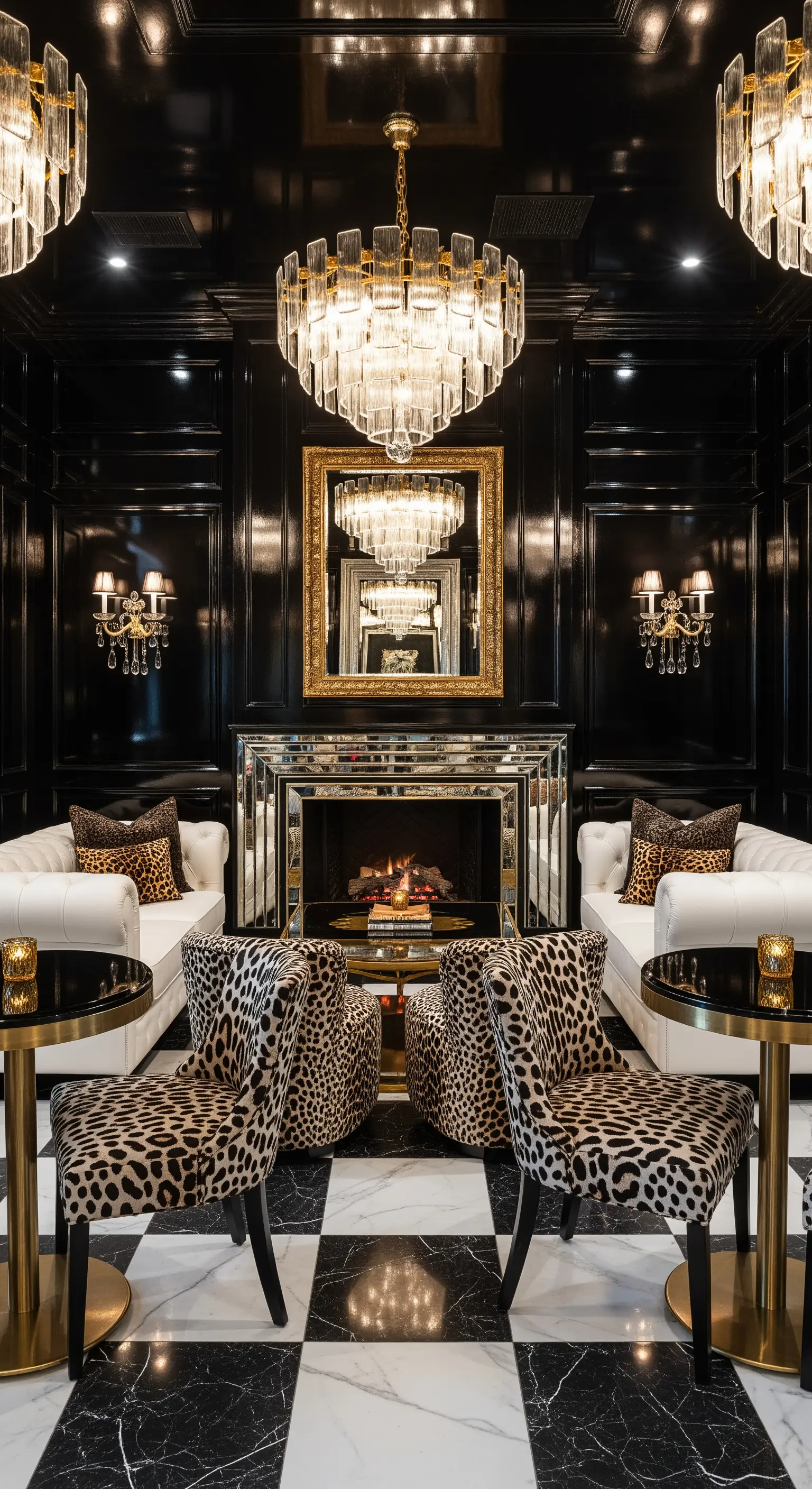 Luxuriöse Lounge im Hollywood-Regency-Stil mit schwarzem Lack, Leopardenmuster und Spiegelkamin.