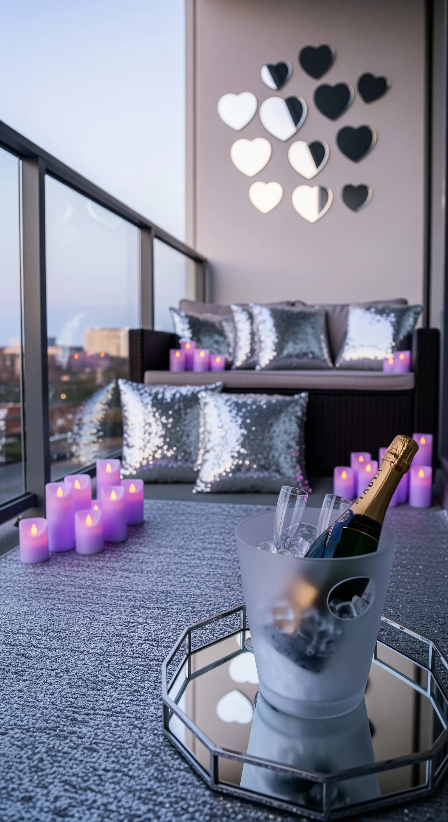 Glamouröser Balkon mit Sofa, Paillettenkissen, lila LED-Kerzen und Herz-Spiegeln.