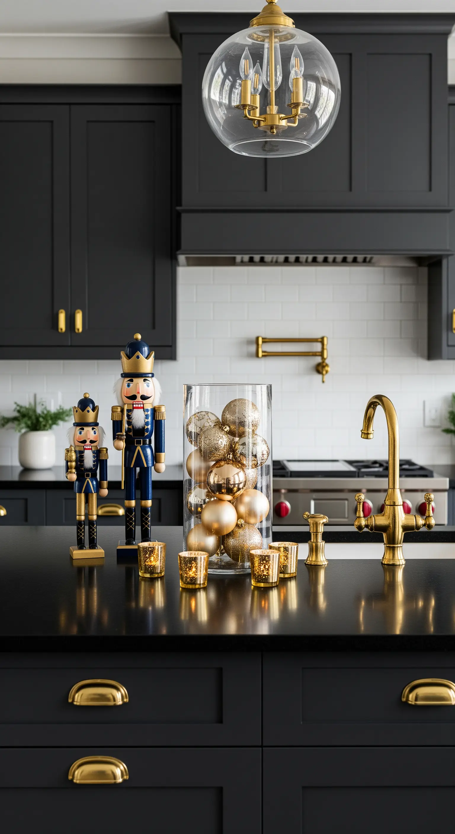 Schwarze Kücheninsel mit goldenen Nussknackern, Kugeln und Votivkerzen.