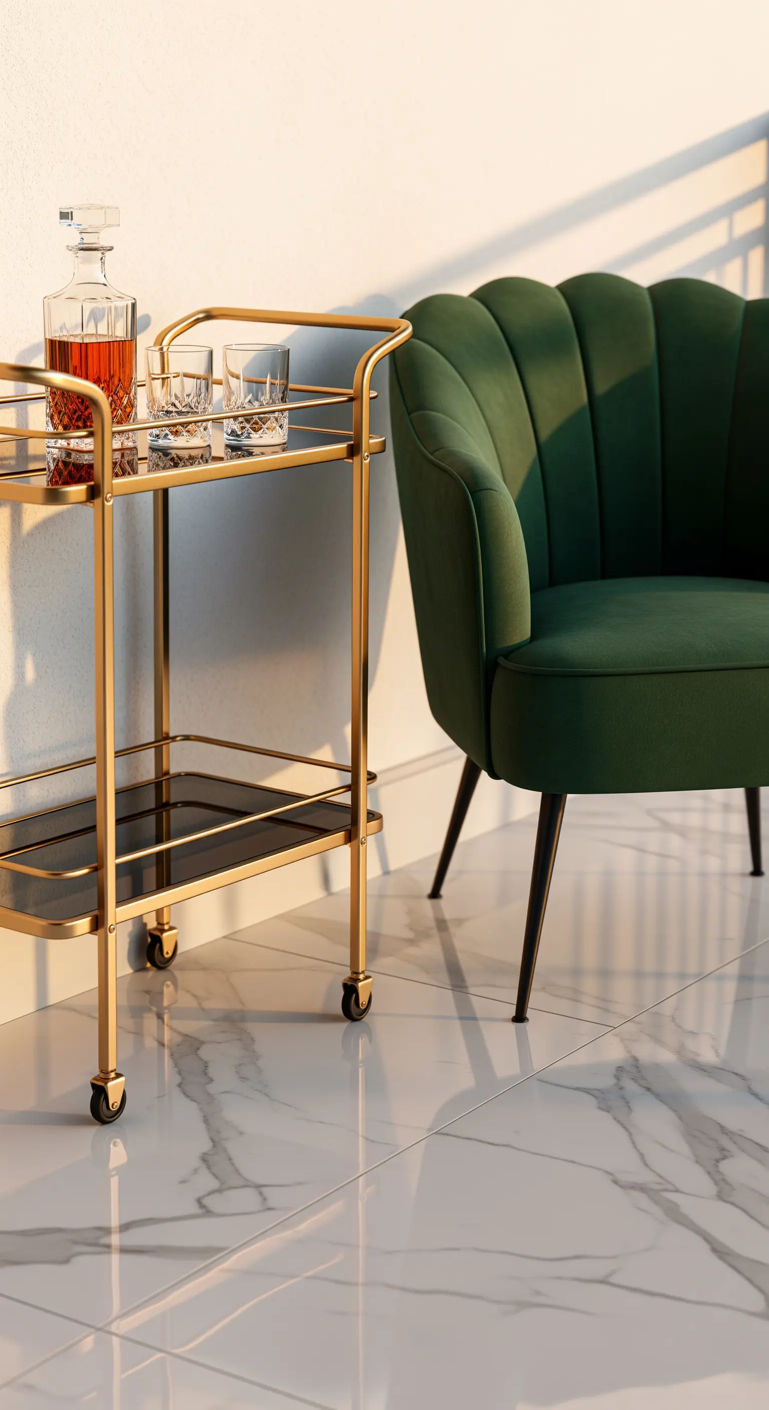 Goldener Barwagen neben grünem Samtsessel auf Marmorboden