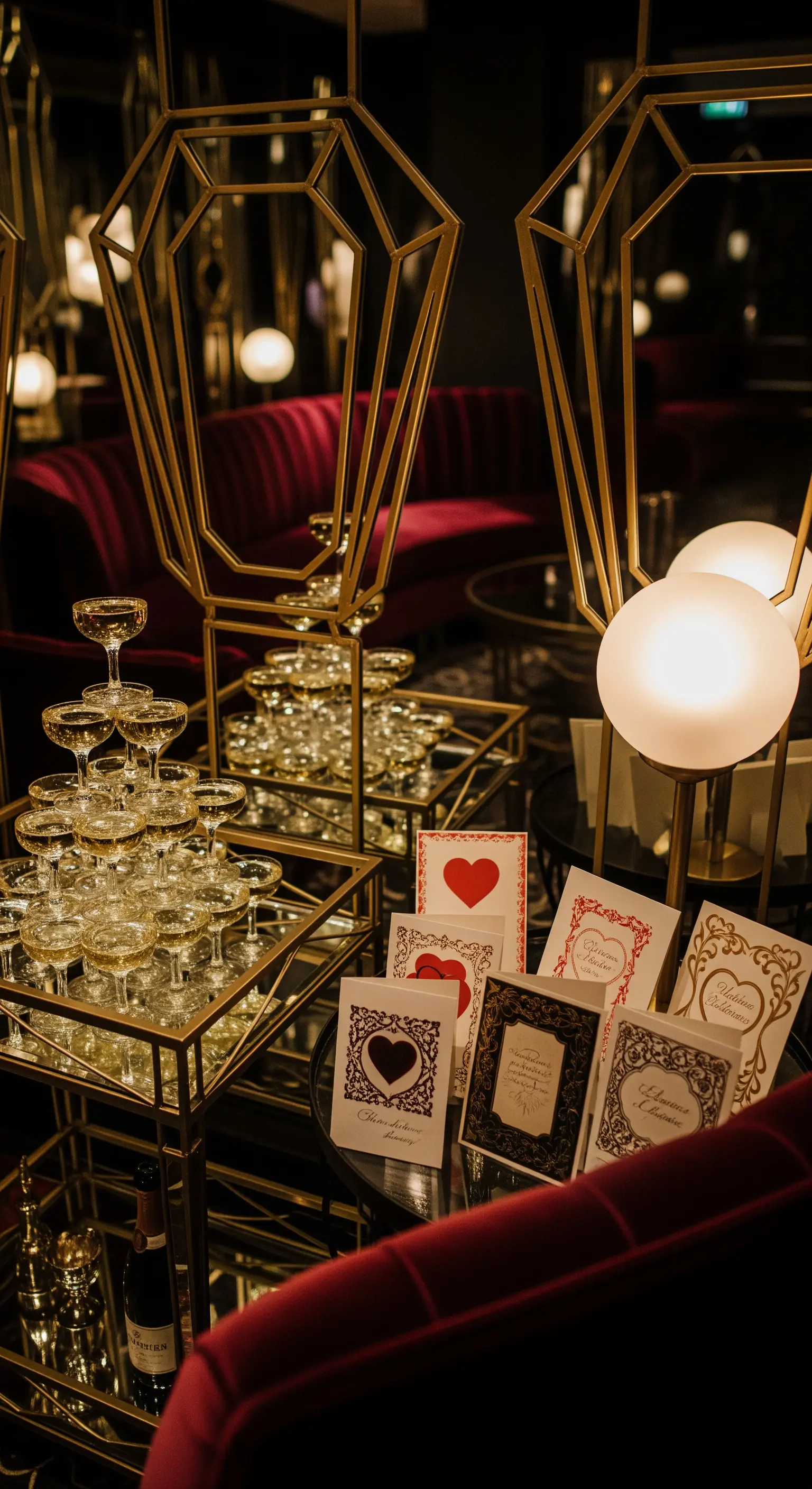 Art Deco Bar, Champagnerturm, Valentinstagskarten, goldene Akzente, Spiegel