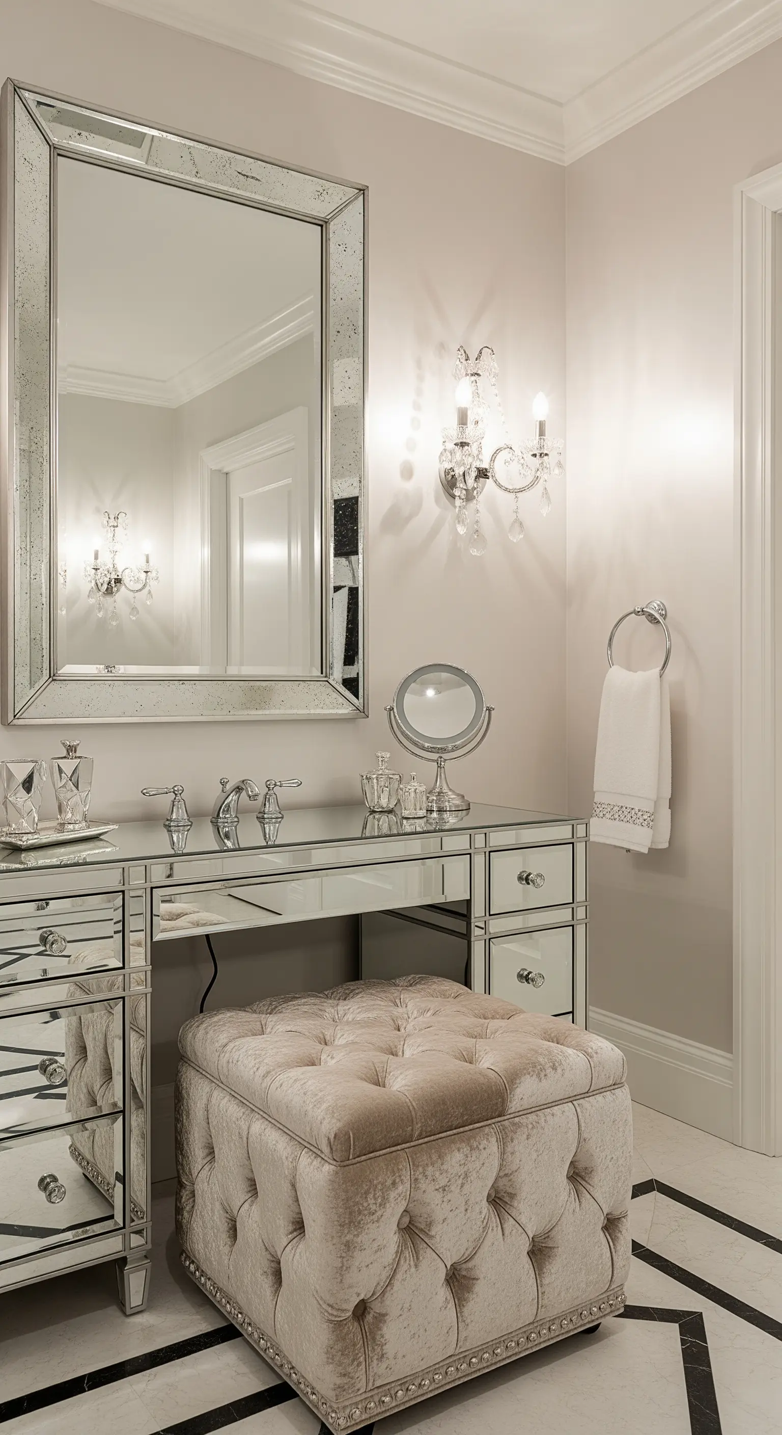 Verspiegelter Schminktisch mit Kristall-Wandleuchte und einem gepolsterten Samt-Hocker in Beige.