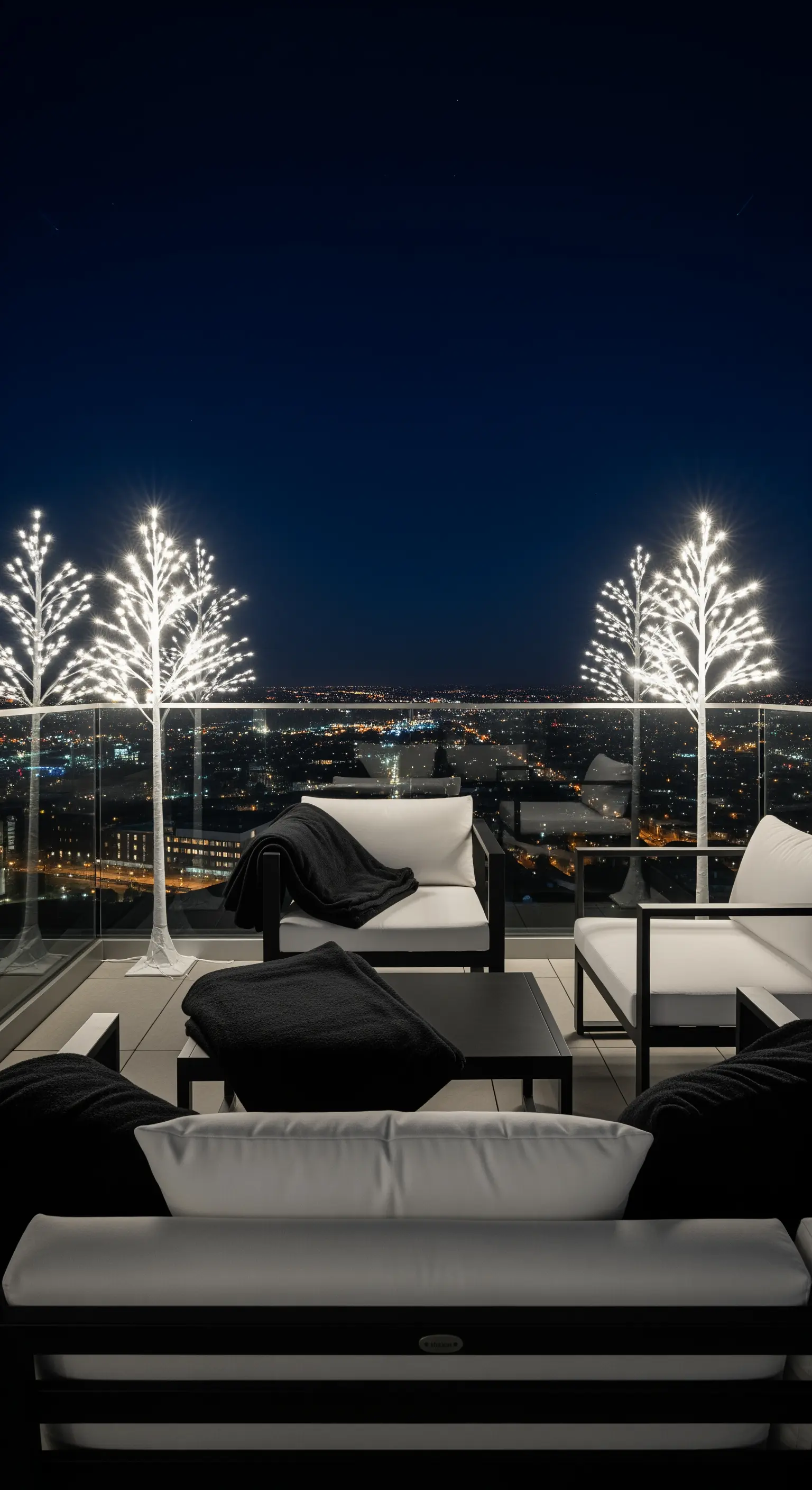 Dachterrasse mit leuchtenden weißen Bäumen und Schwarz-Weiß Lounge.