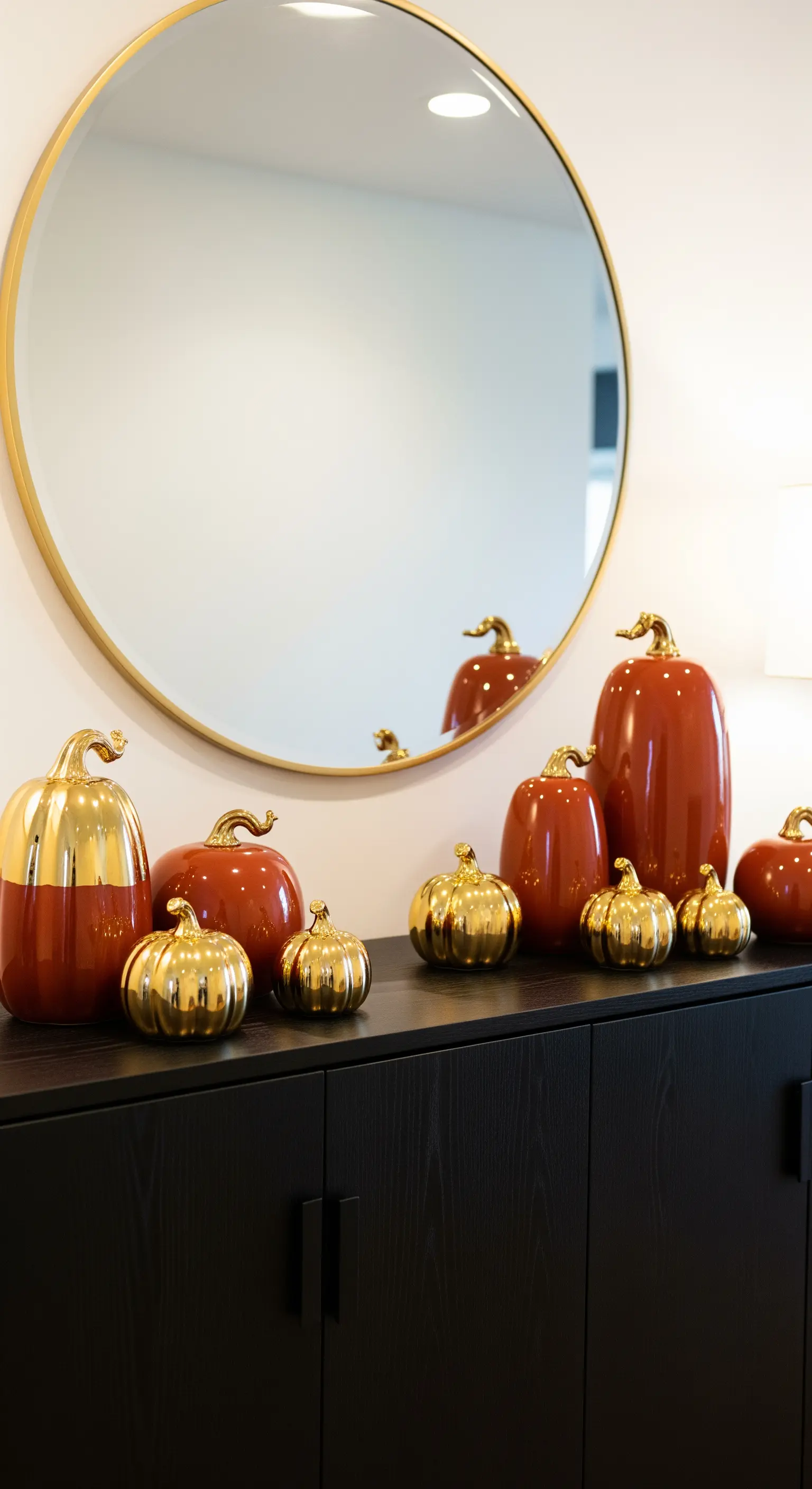 Sideboard mit Terracotta- und Gold-Keramikkürbissen, über einem runden Goldspiegel.