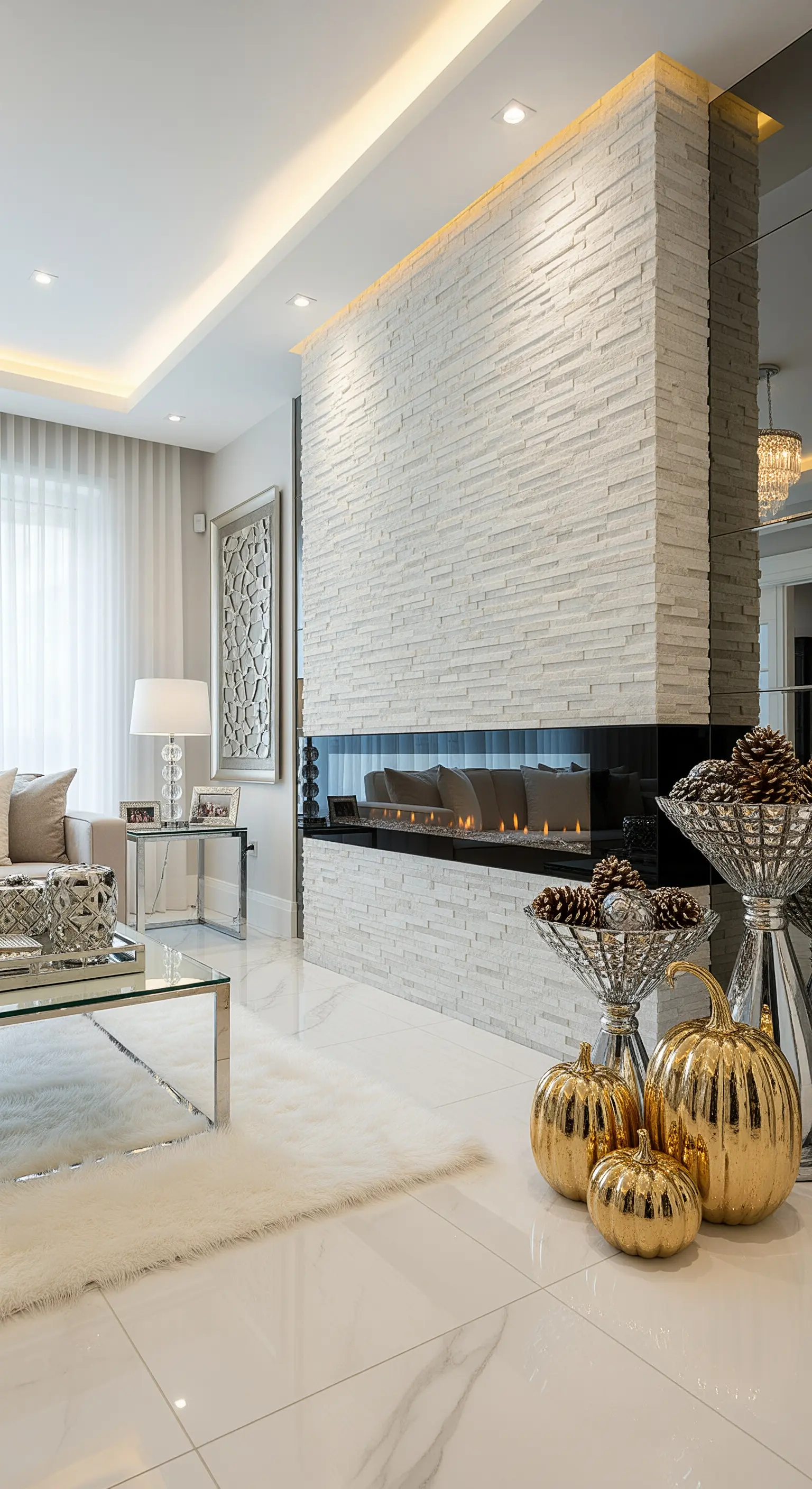 Luxuriöses Wohnzimmer mit goldenen Kürbissen, weißem Kamin und spiegelnden Oberflächen