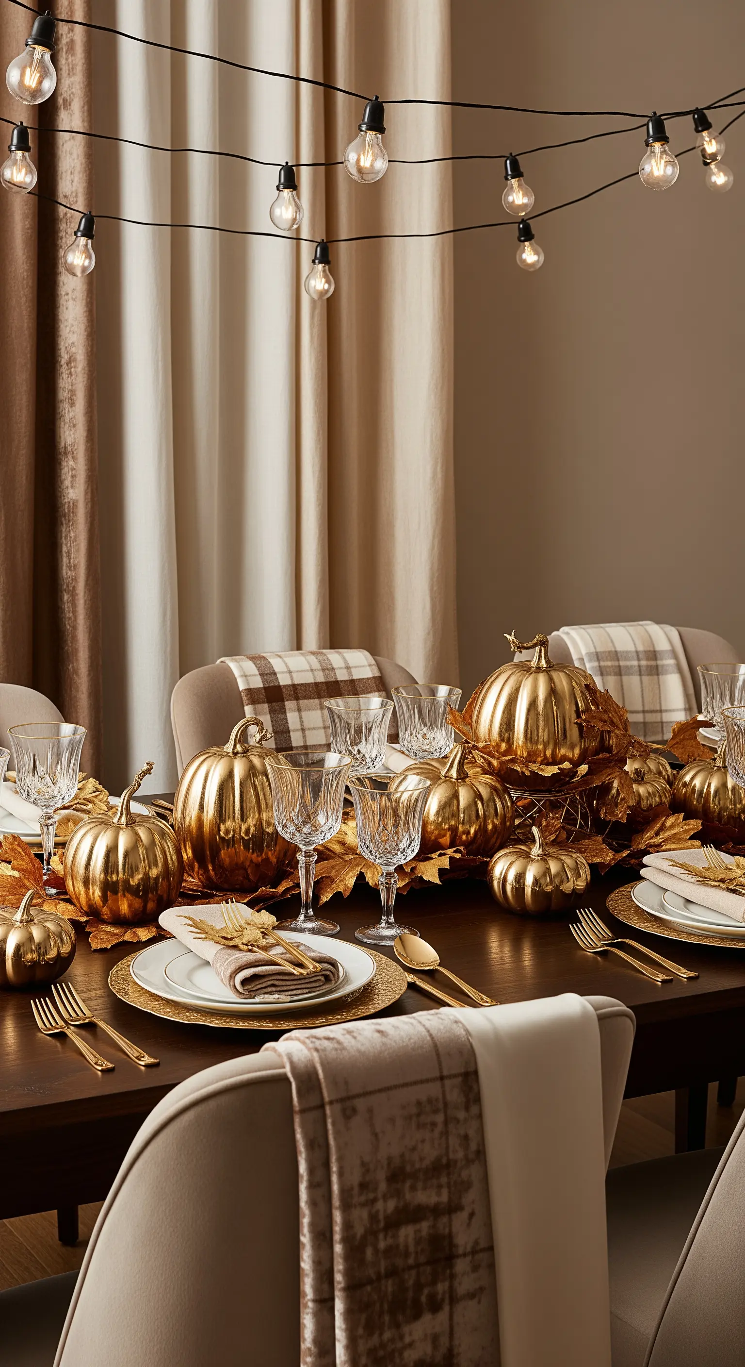 Glamouröse Herbsttafel, goldene Kürbisse, goldene Blätter, Hängelichterkette, beige Plaids.