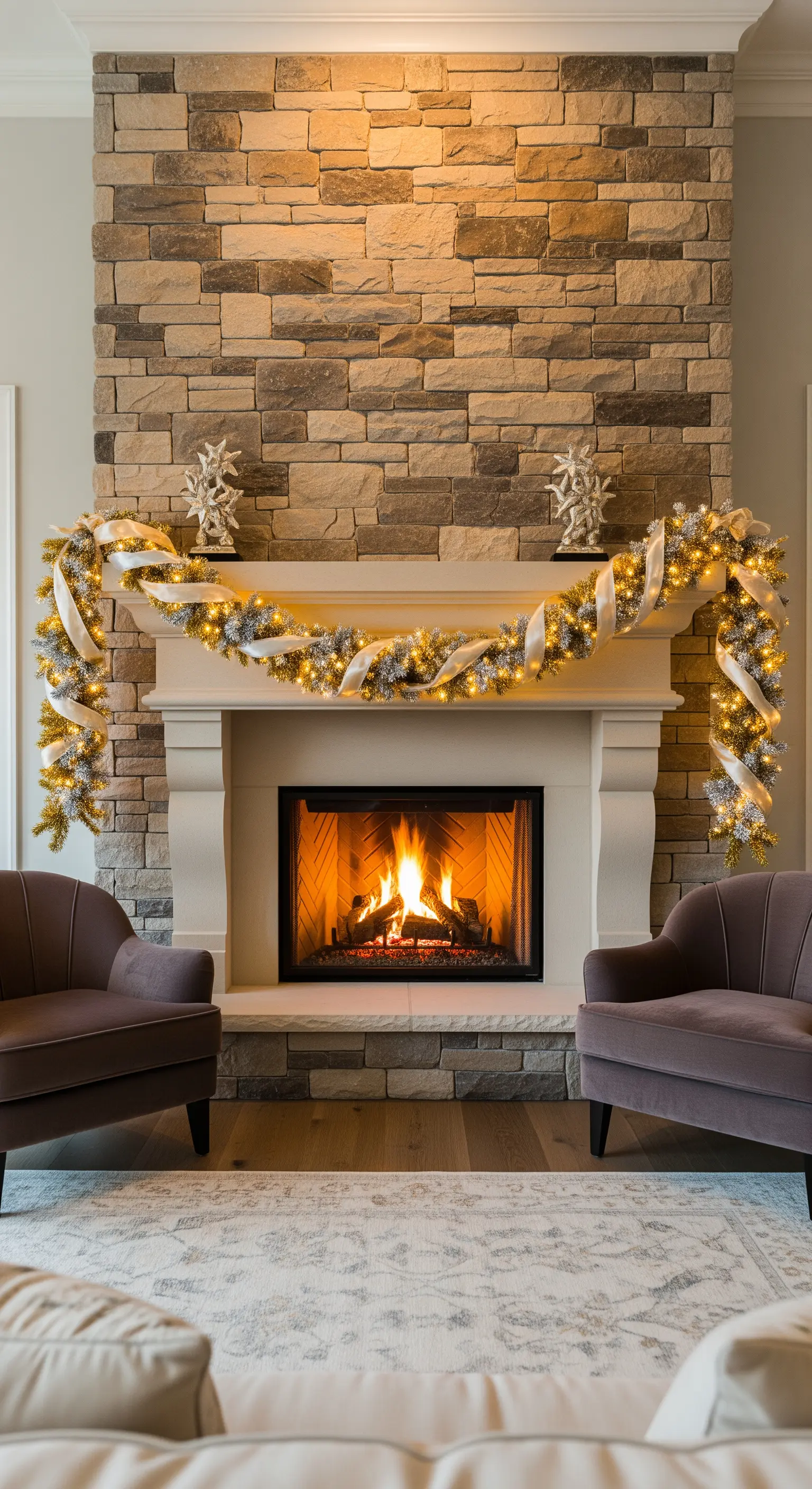Festliche Kamindekoration mit Lichtergirlande und eleganten Akzenten in Gold und Silber