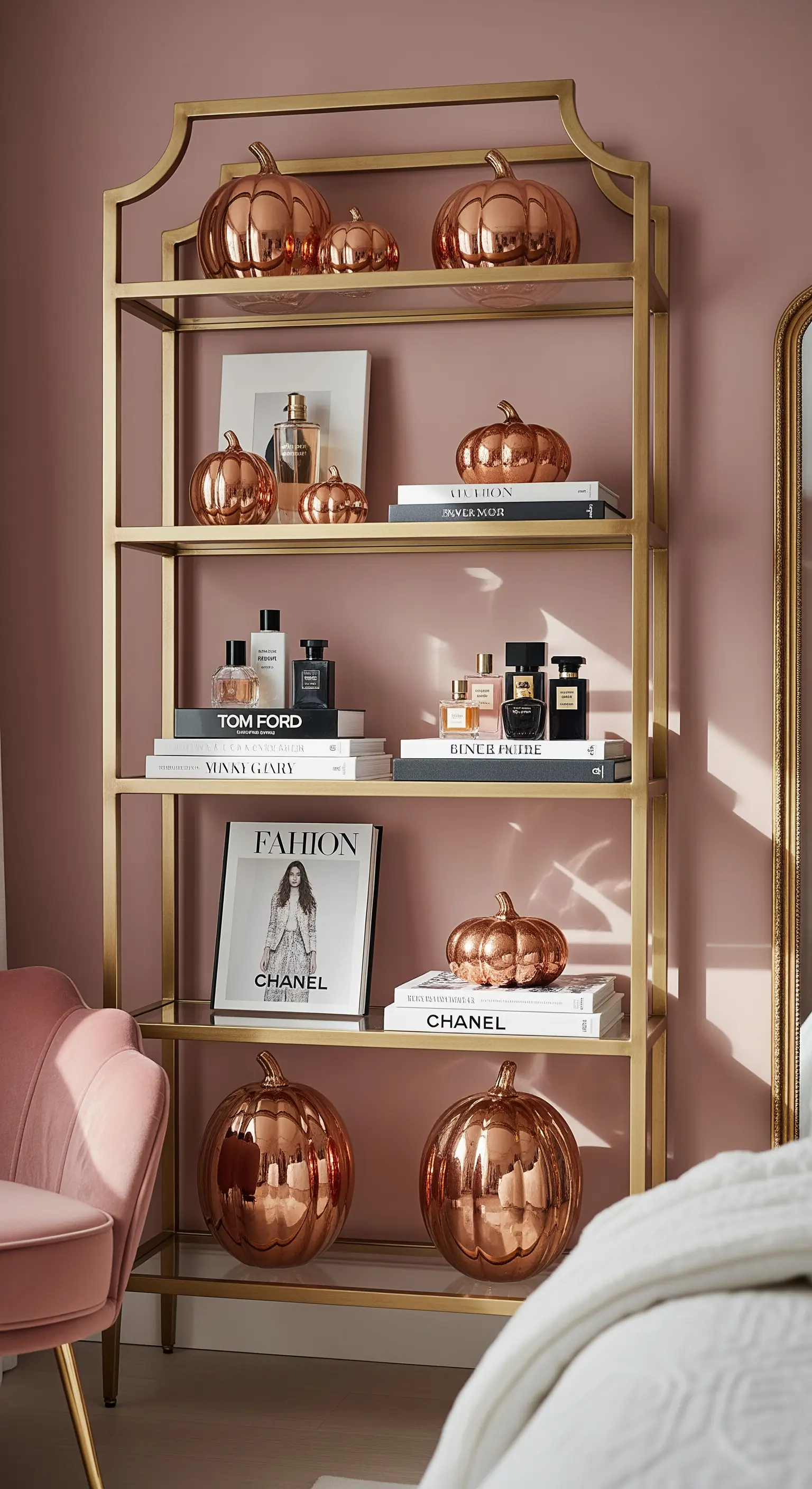 Kupferfarbene Kürbisse auf goldenem Regal mit Büchern und Parfüm