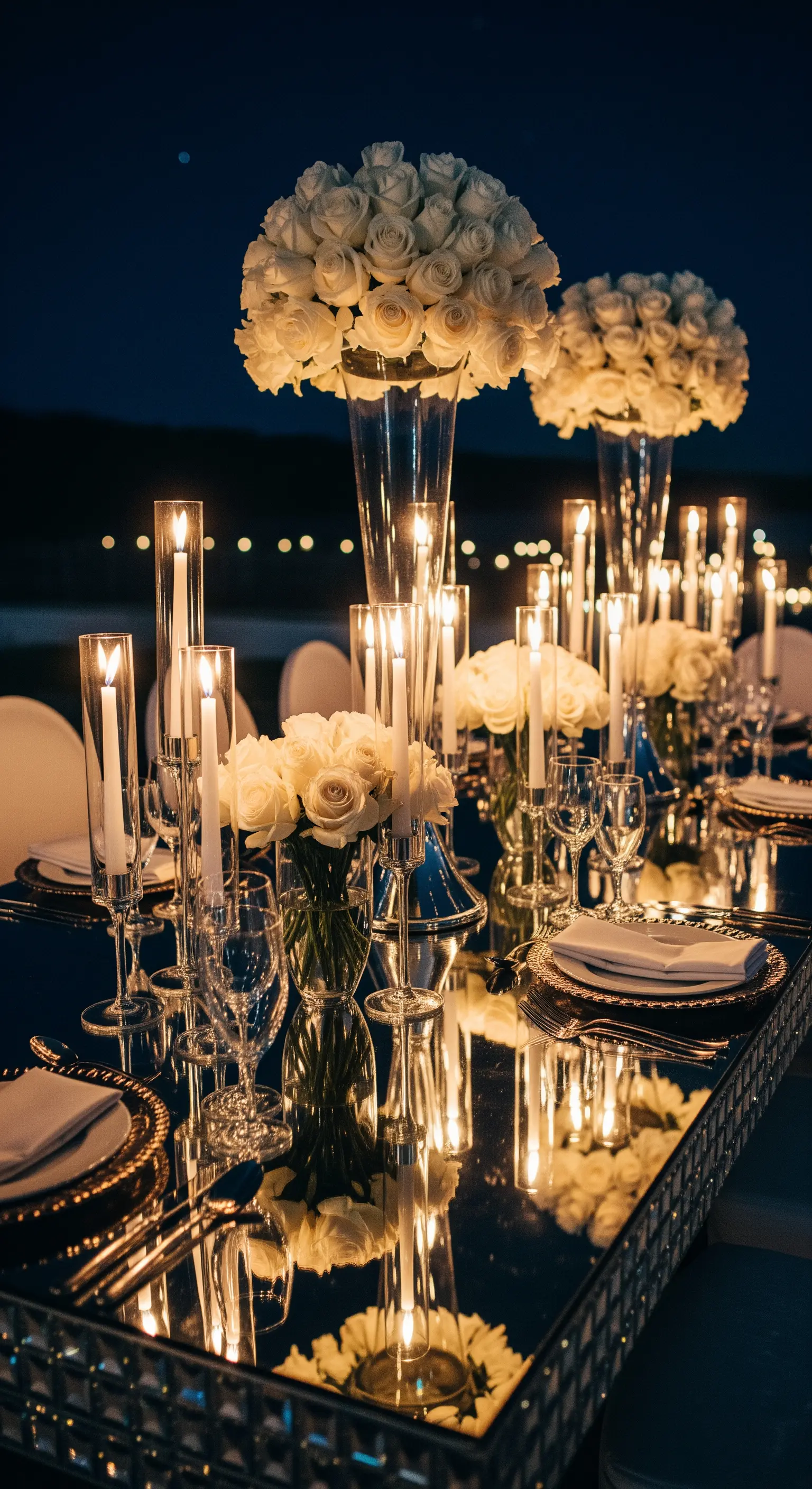 Glamouröse Tischdeko mit weißen Rosen und Kerzen auf einem Spiegeltisch.