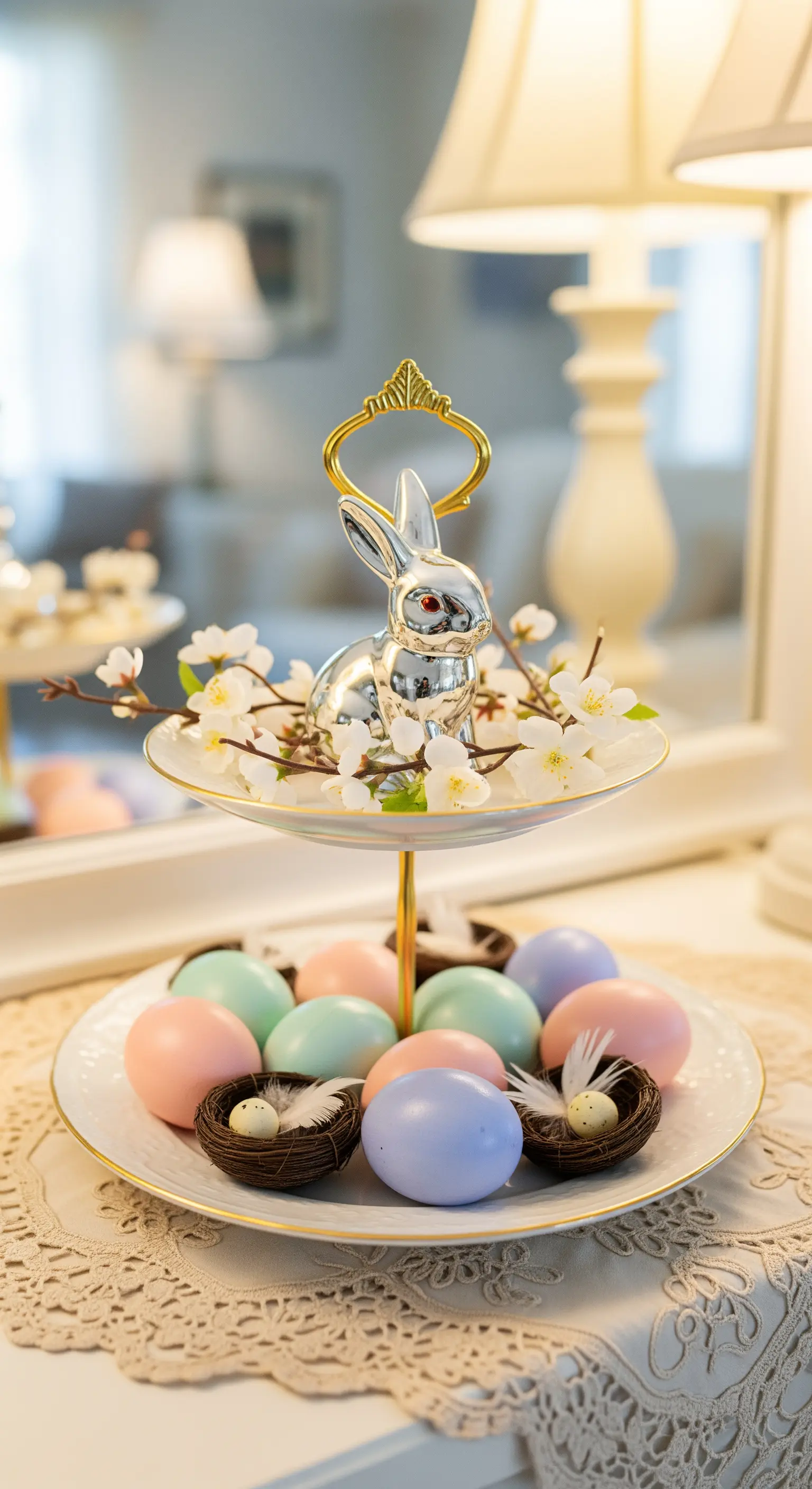 Elegante Oster-Etagere mit Silberhase und pastellfarbenen Eiern