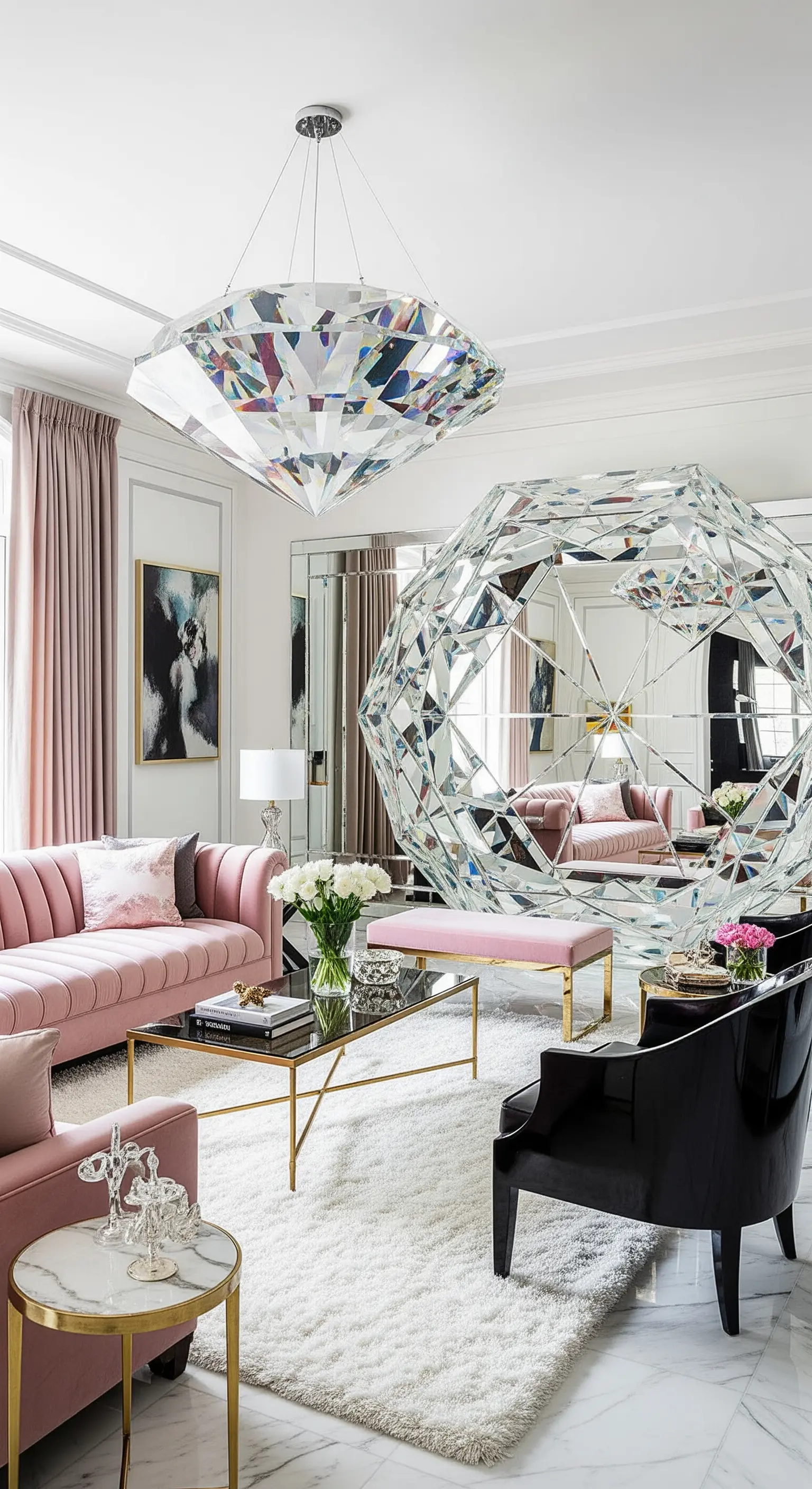Große, diamantförmige Spiegelskulptur in einem glamourösen Wohnzimmer in Rosa und Weiß.