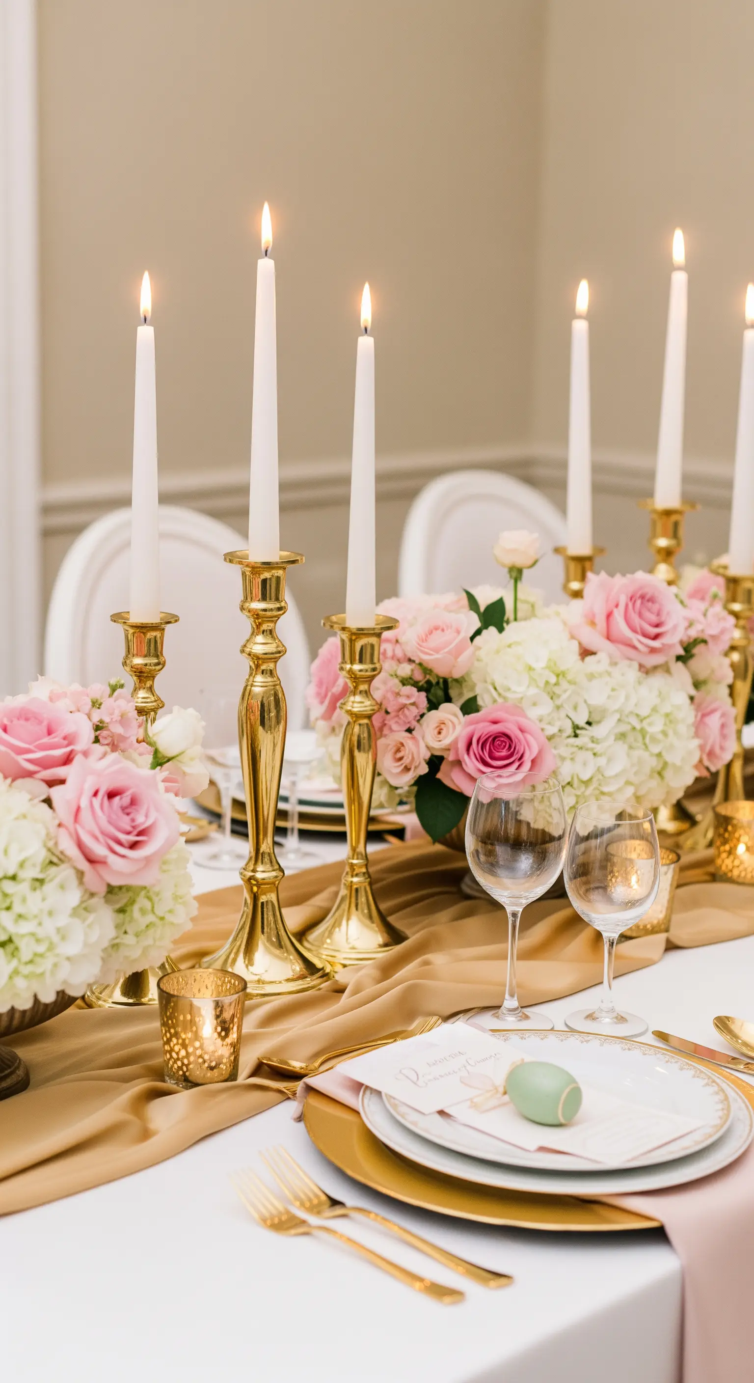 Glamouröse Osterdeko: Gold, rosa Rosen, weiße Hortensien und Kerzenleuchter