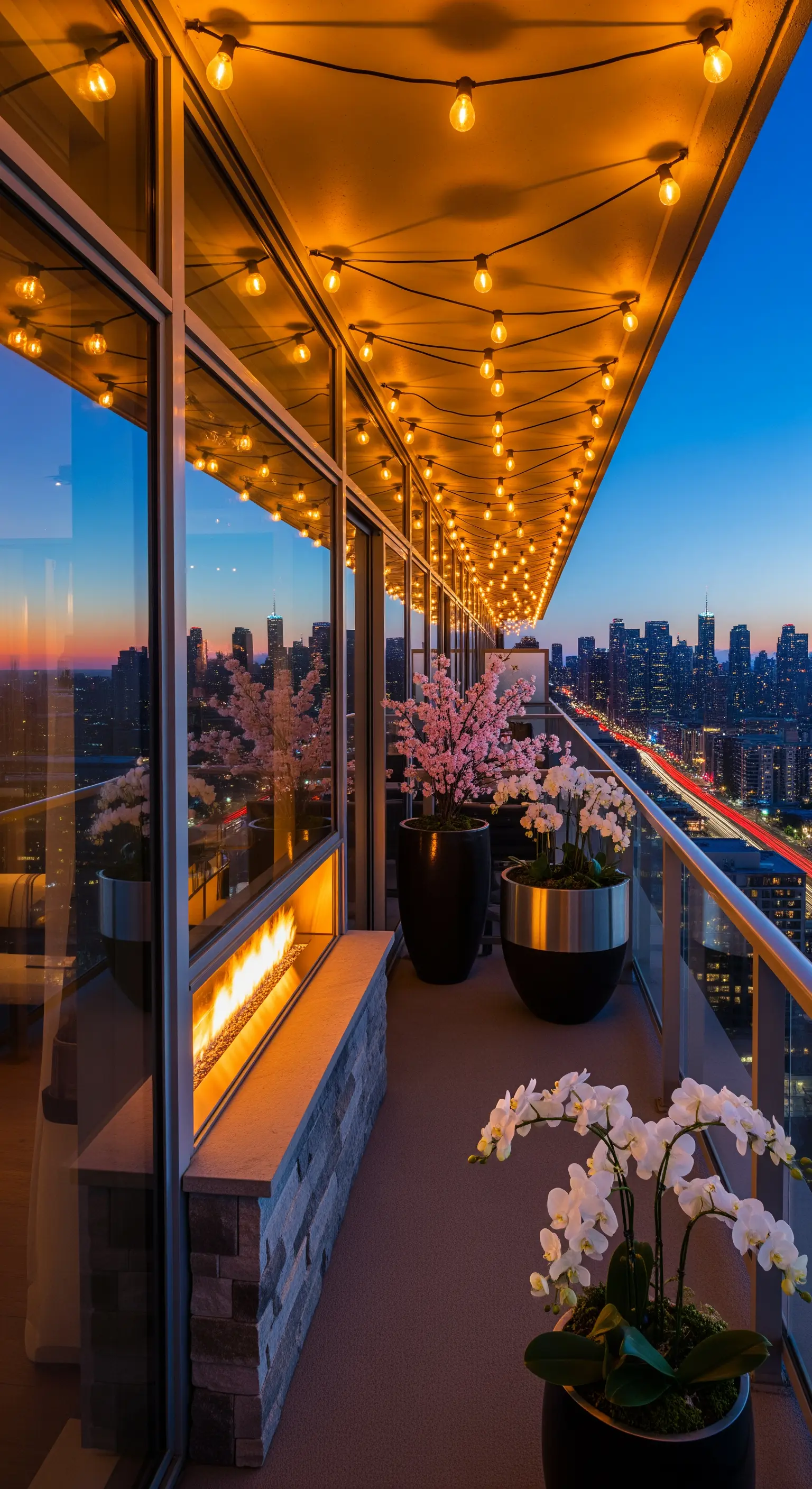 Luxus Balkon, Kamin, Orchideen, Skyline, Abendstimmung, Lichterkette