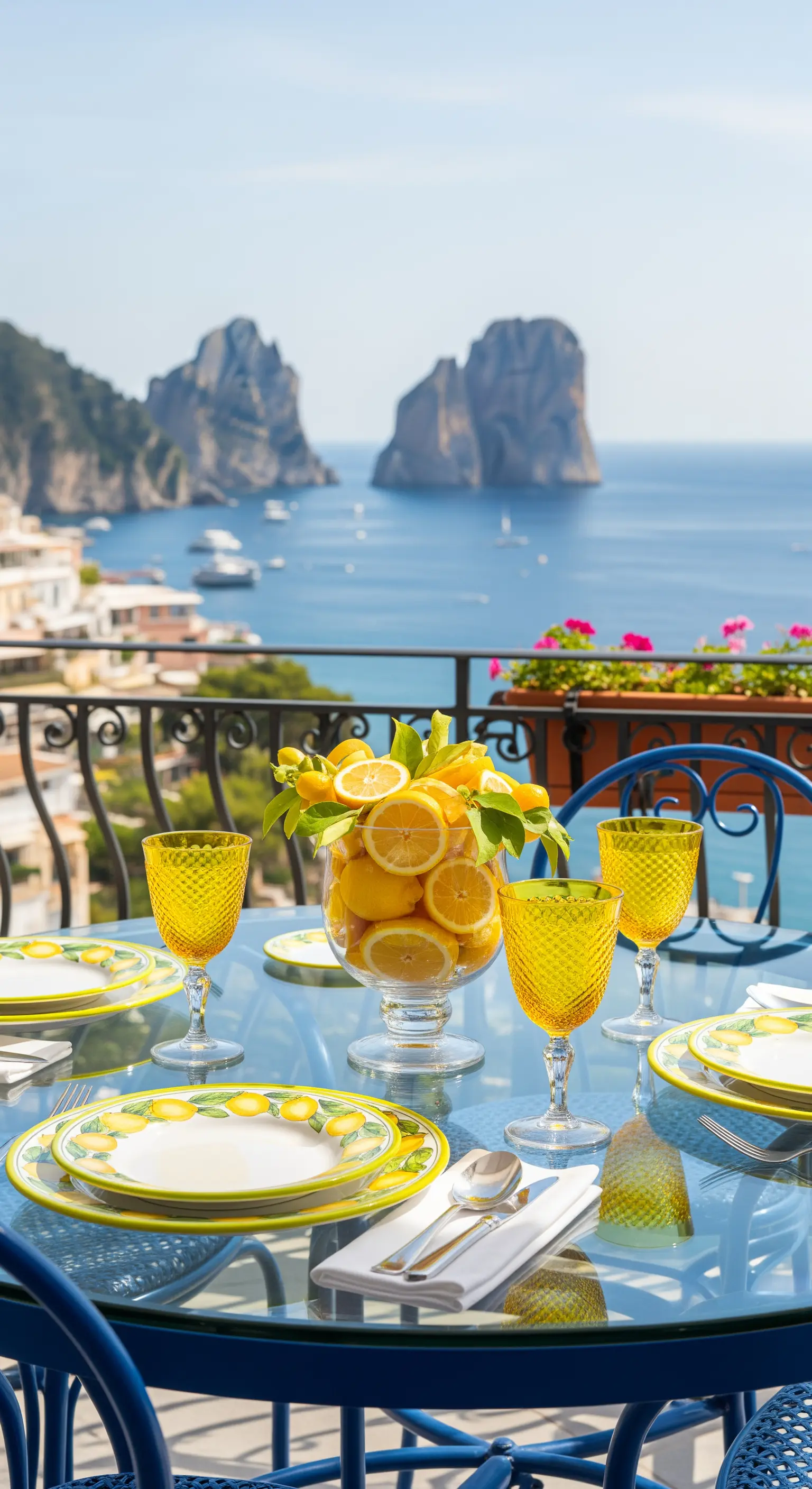 Balkontisch aus Glas mit gelben Gläsern und Zitronen-Centerpiece mit Meerblick